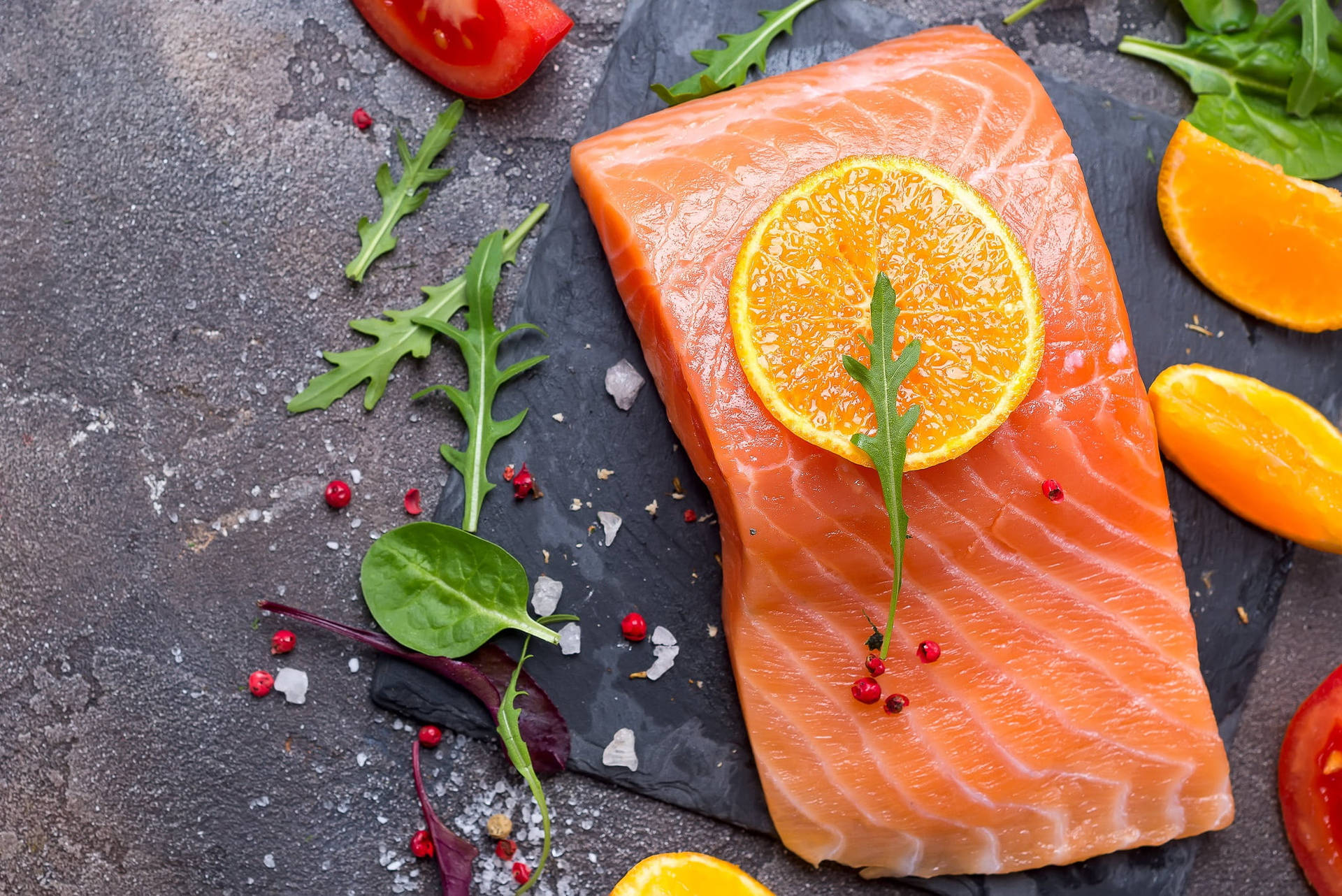 Salmon Uncooked Herbs And Orange Slices Background