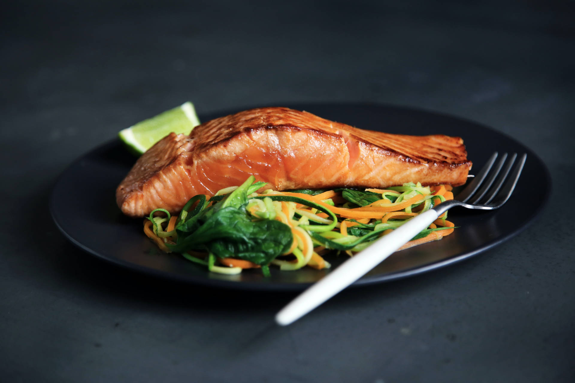 Salmon With Sliced Vegetables And Fork Background