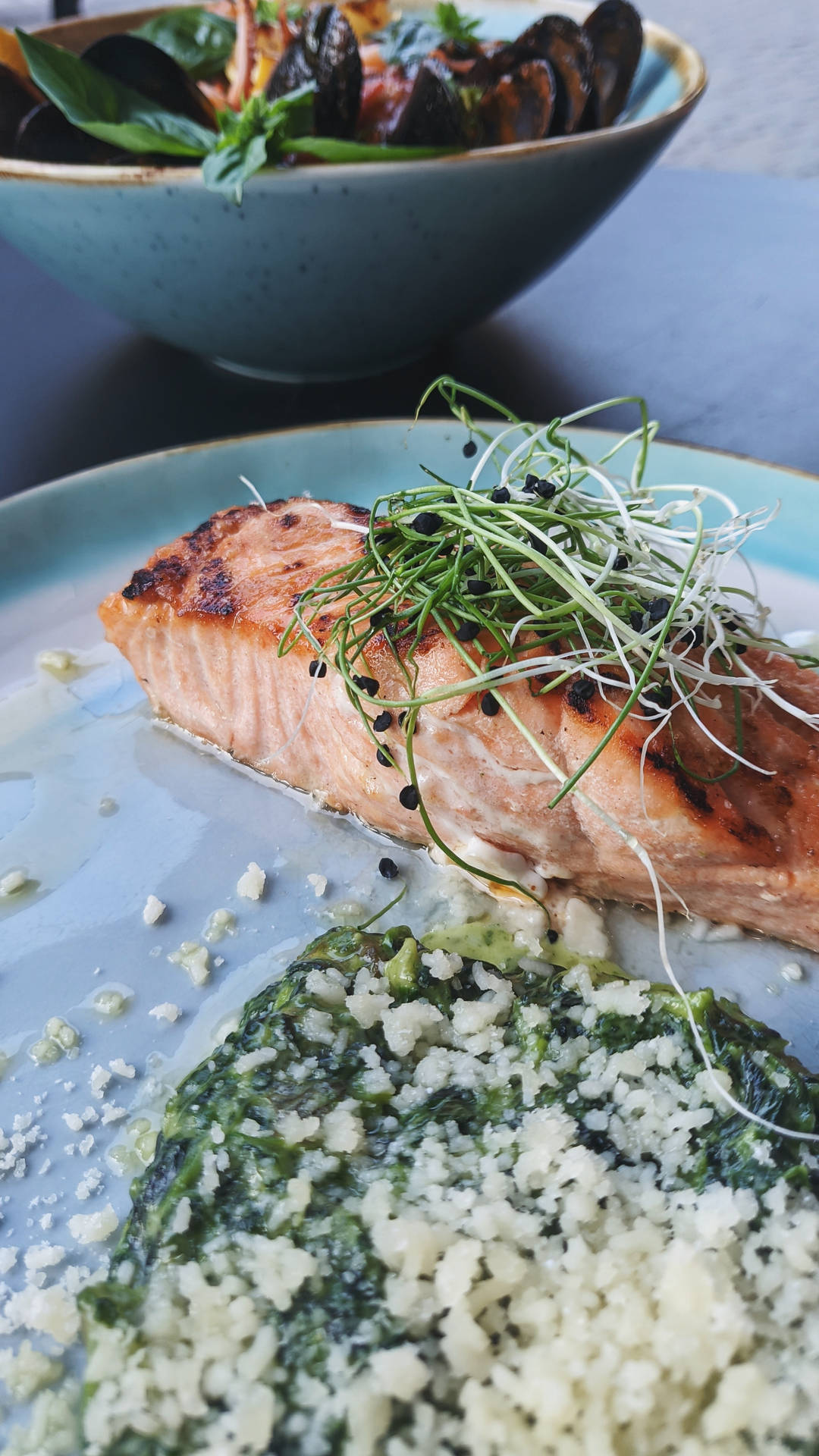 Salmon With Sprouts And Rice Background