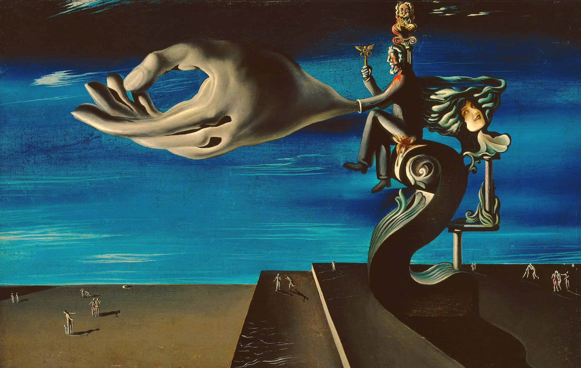 Salvador Dali's Surreal Painting Of Vivid Blue Waterfalls Background