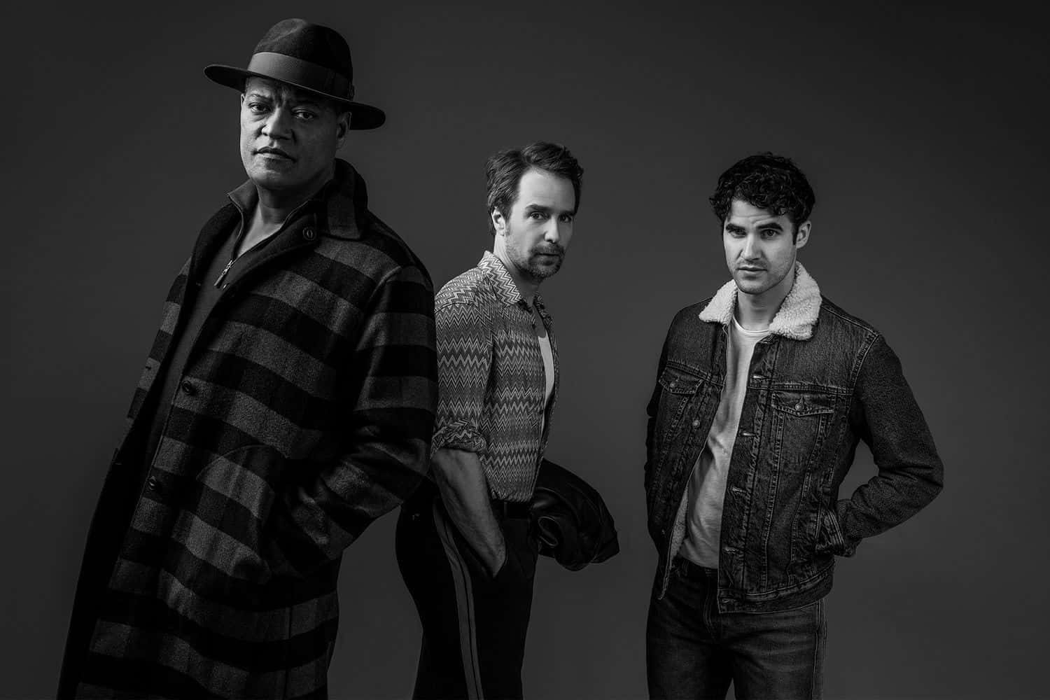 Sam Rockwell, Darren Criss, And Laurence Fishburne In A Shared Moment Caught On Camera. Background