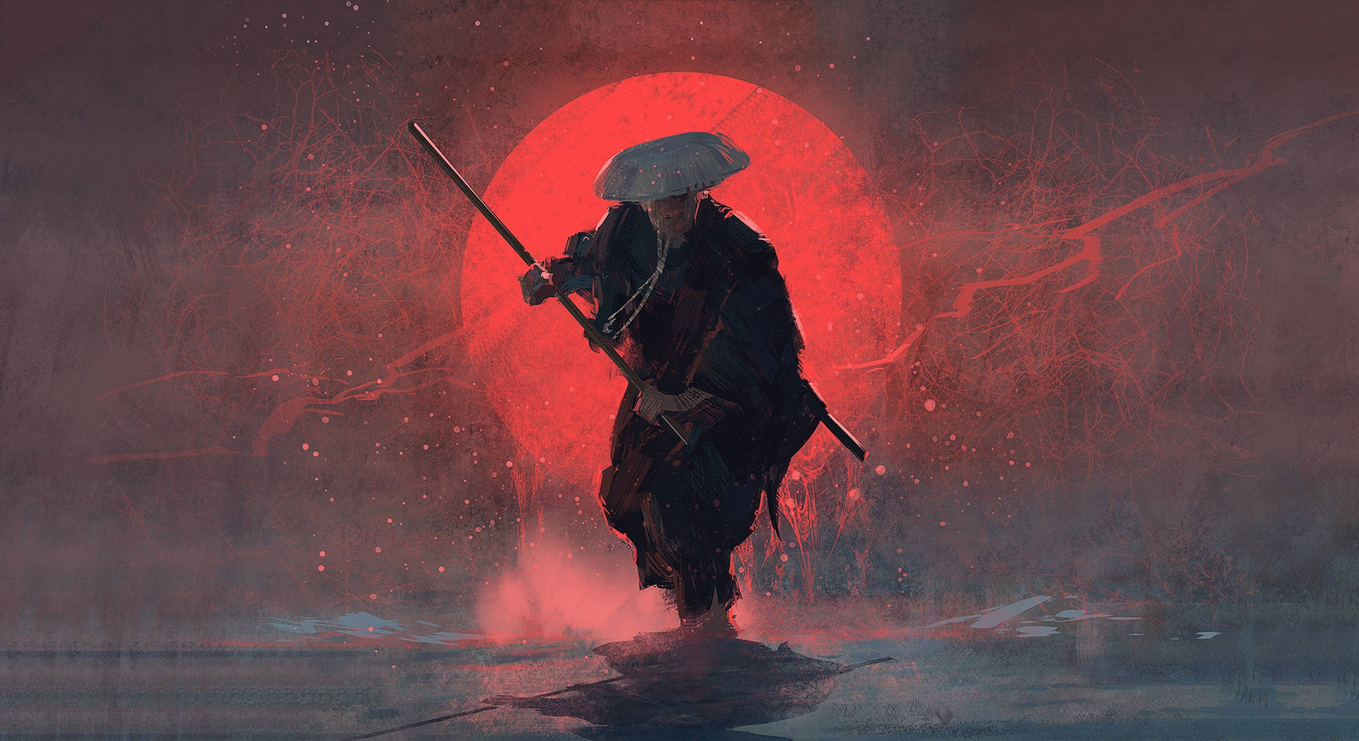 Samurai And Red Moon Background