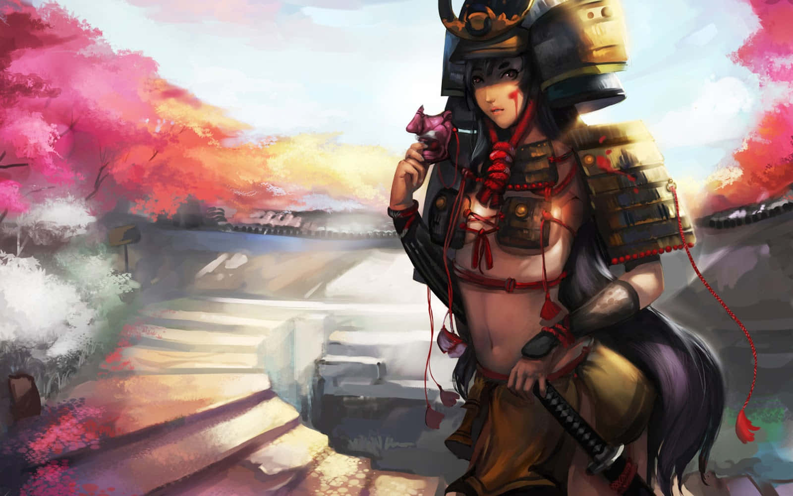 Samurai Anime Girl Armor Katana Background