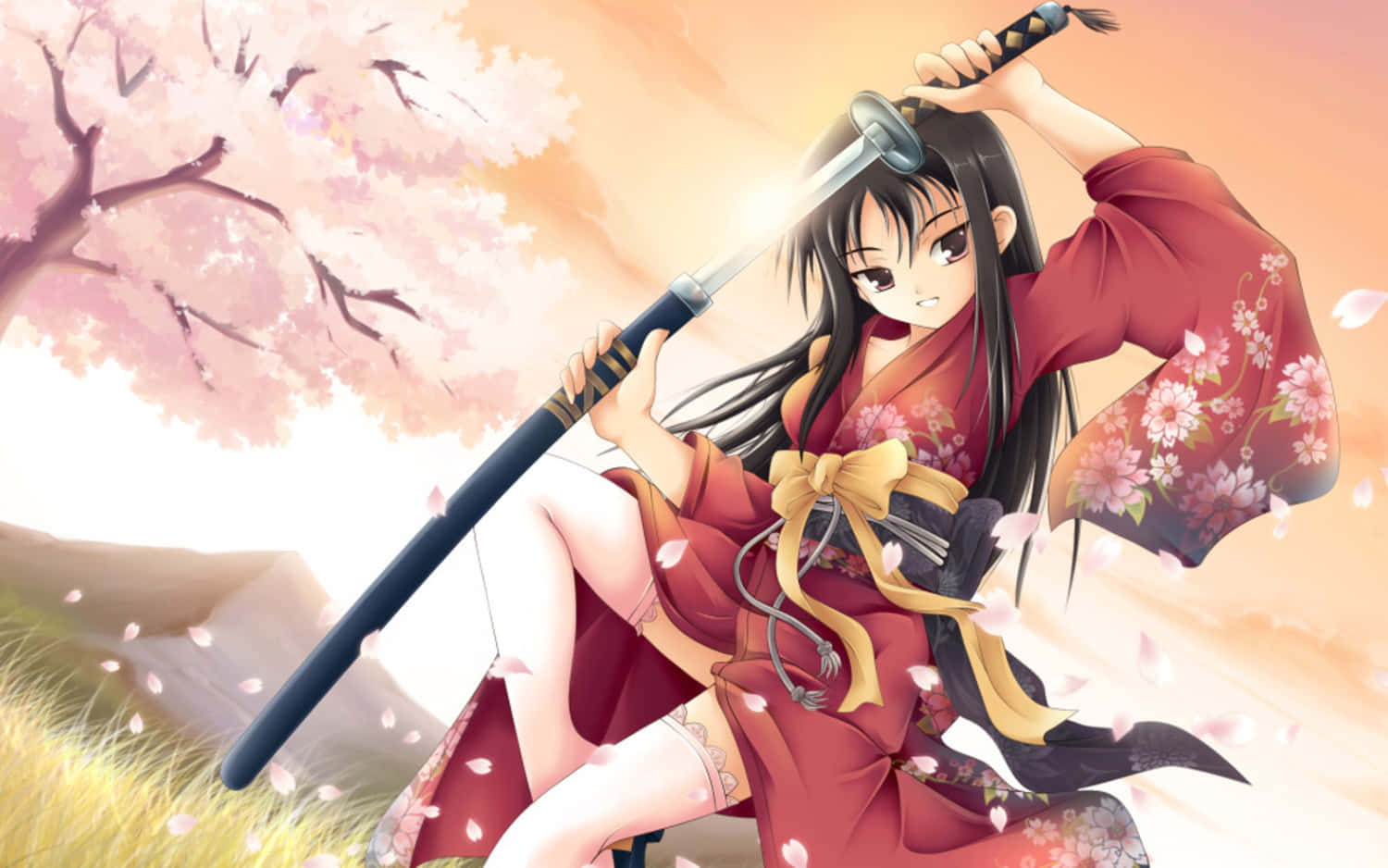 Samurai Anime Girl Sakura Kimono Background