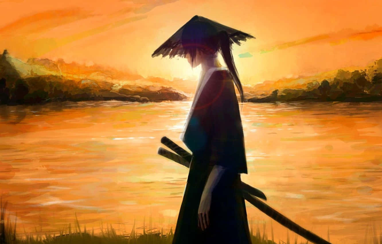 Samurai Anime Warrior Walking Alone Sunset Background