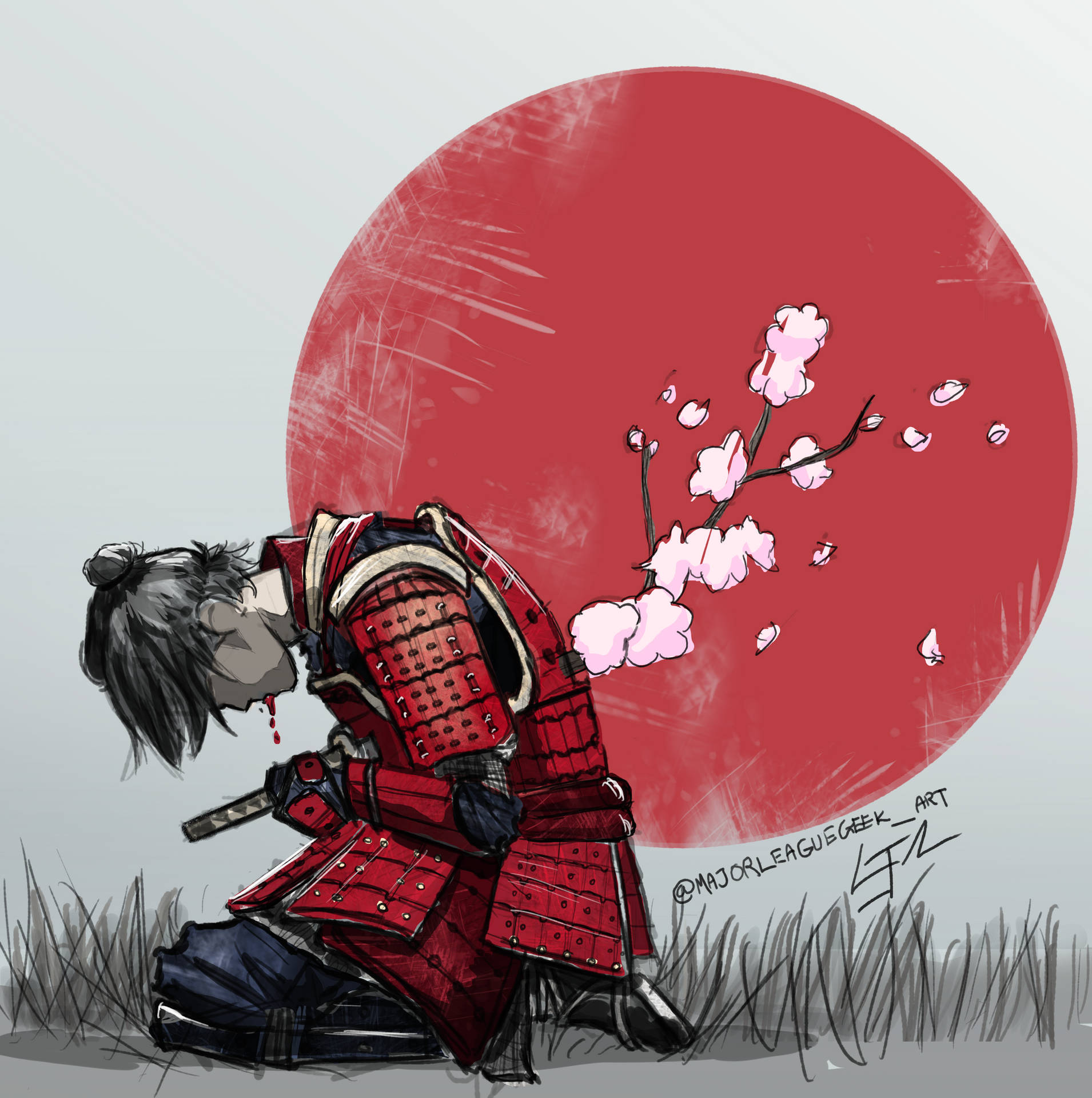 Samurai Doing Seppuku With Cherry Blossoms Background