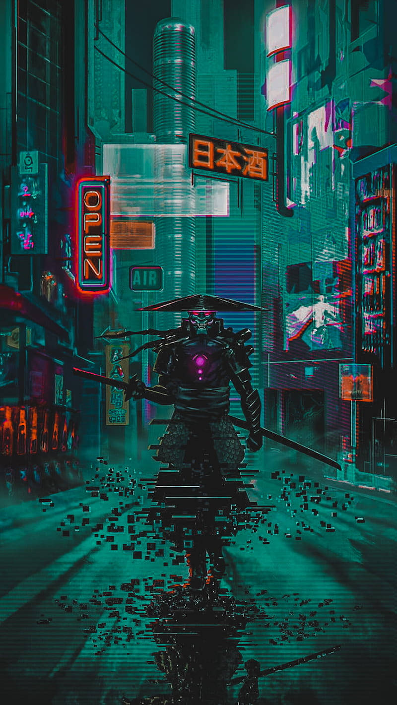 Samurai Glitching Cyberpunk Iphone X Background