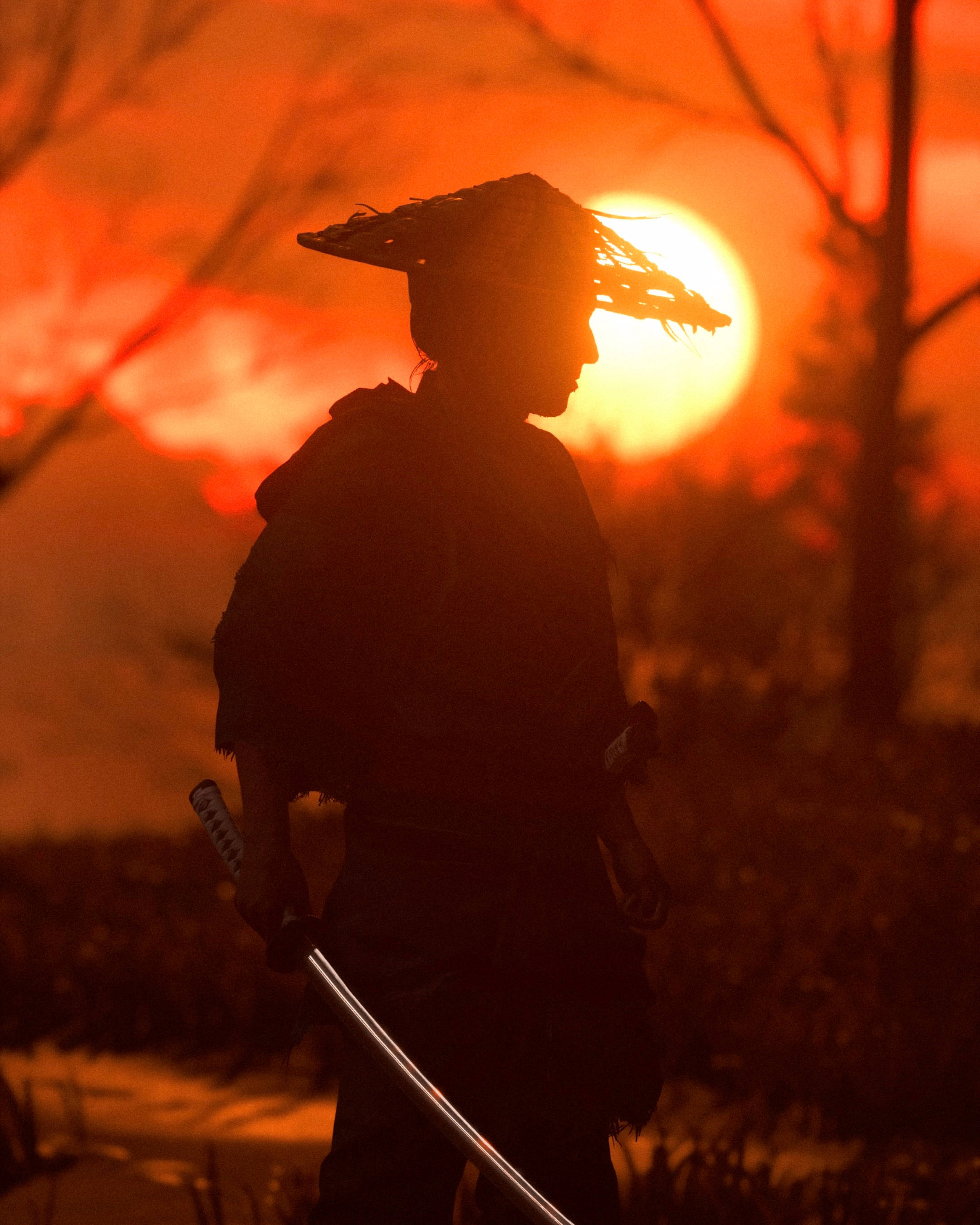 Samurai In Sunset Background