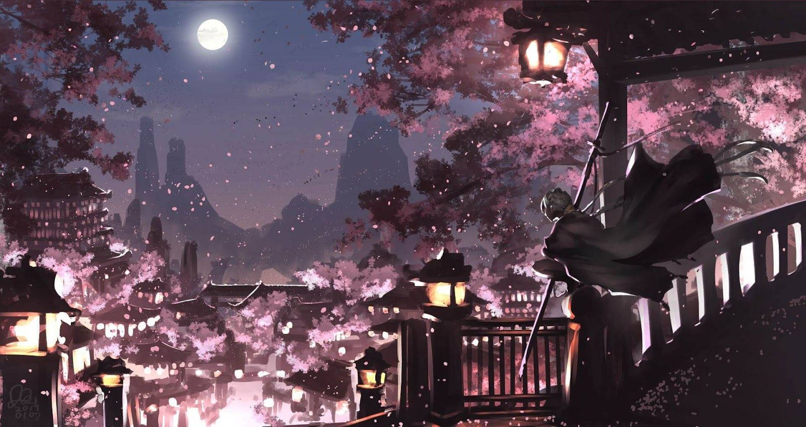 Samurai Looking At An Anime Night City Background