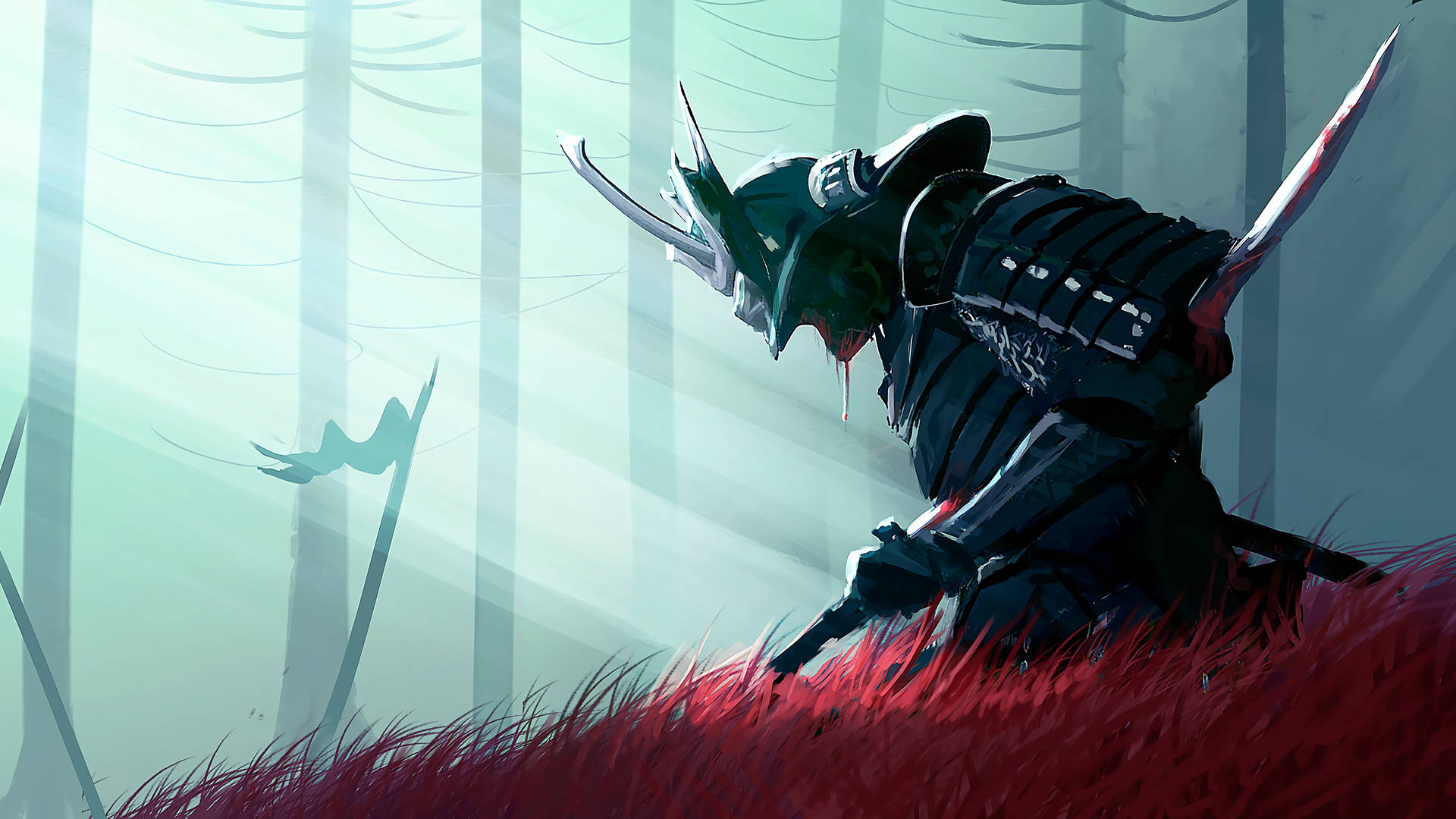 Samurai Seppuku In Red Grass Background