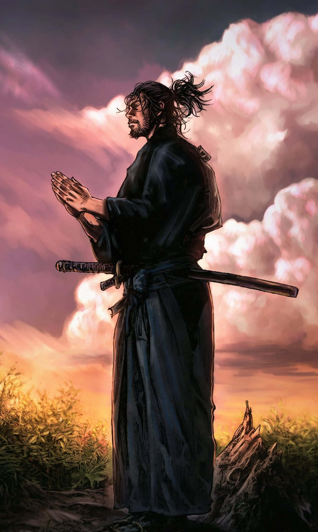Samurai Warrior Contemplationat Dusk Background