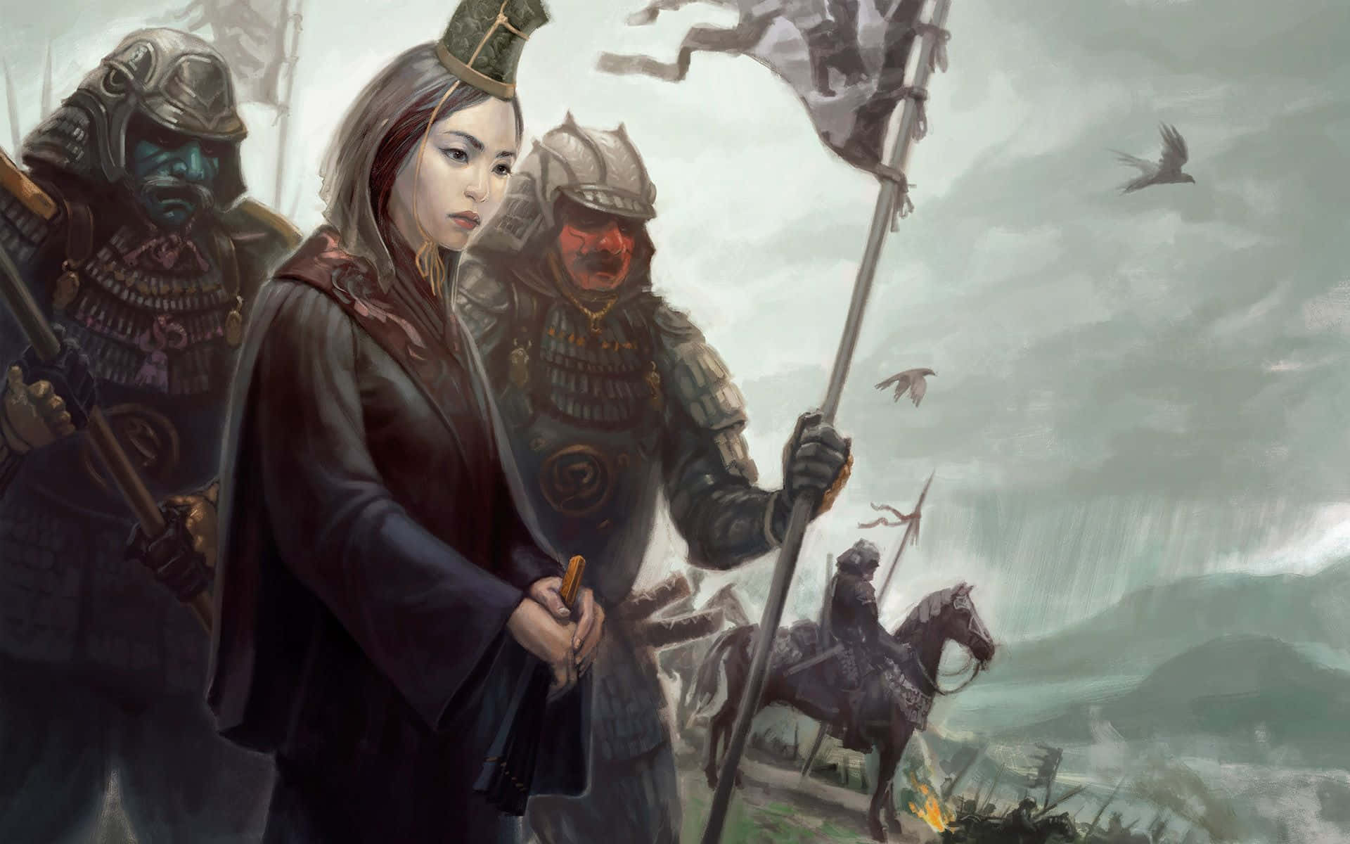 Samurai Warrior In Full Armor. Background