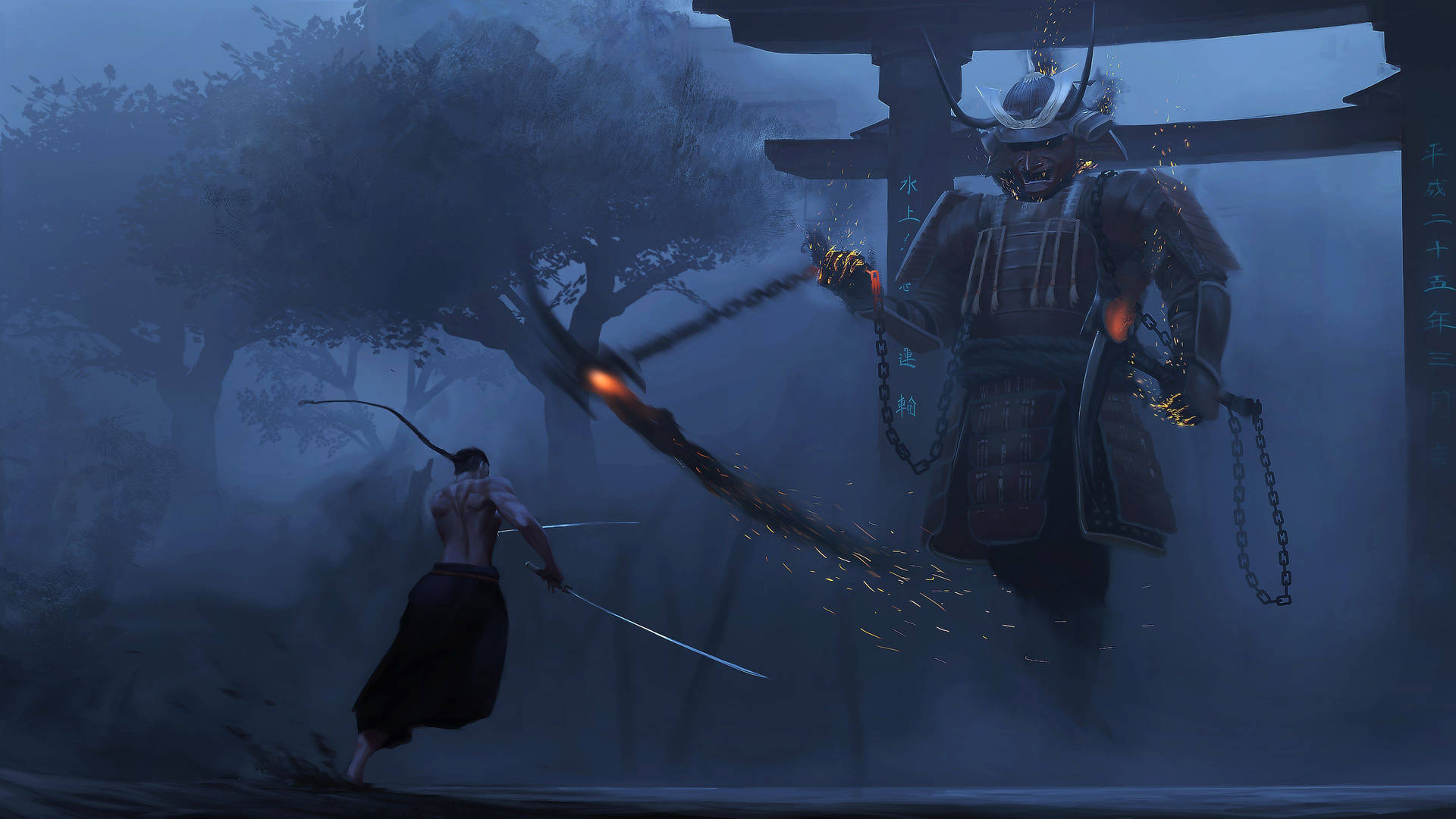 Samurai Warrior Standing In Tokyo In The Evening Background