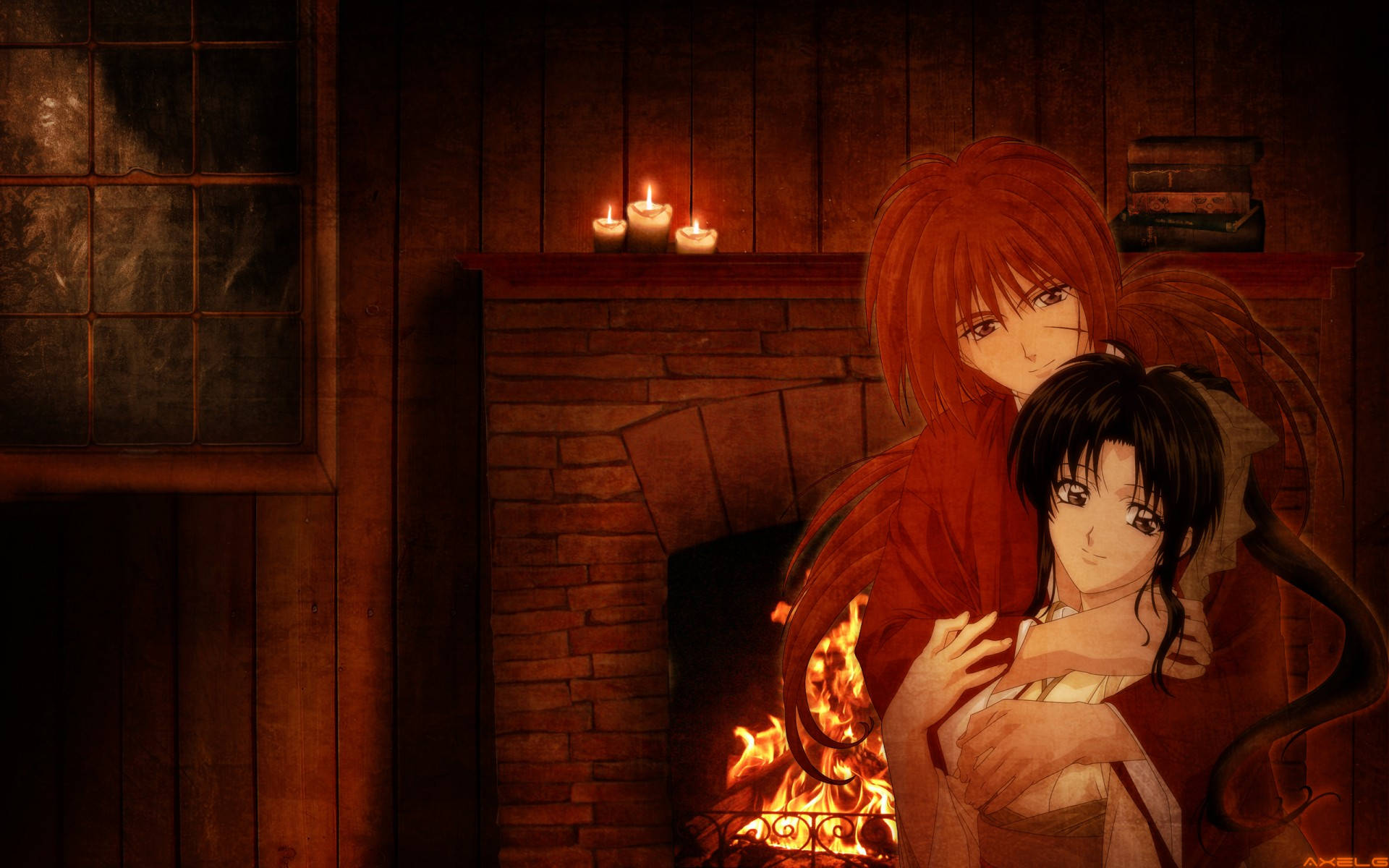 Samurai X Kaoru And Kenshin Fireplace Background