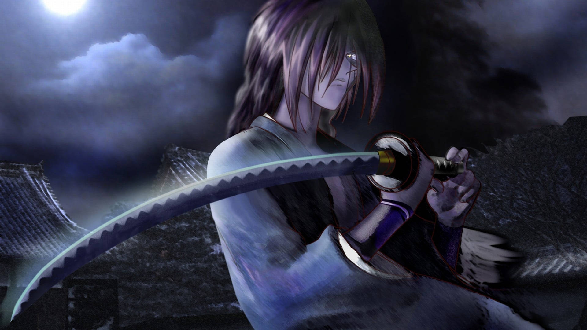 Samurai X Kenshin Under Full Moon Background