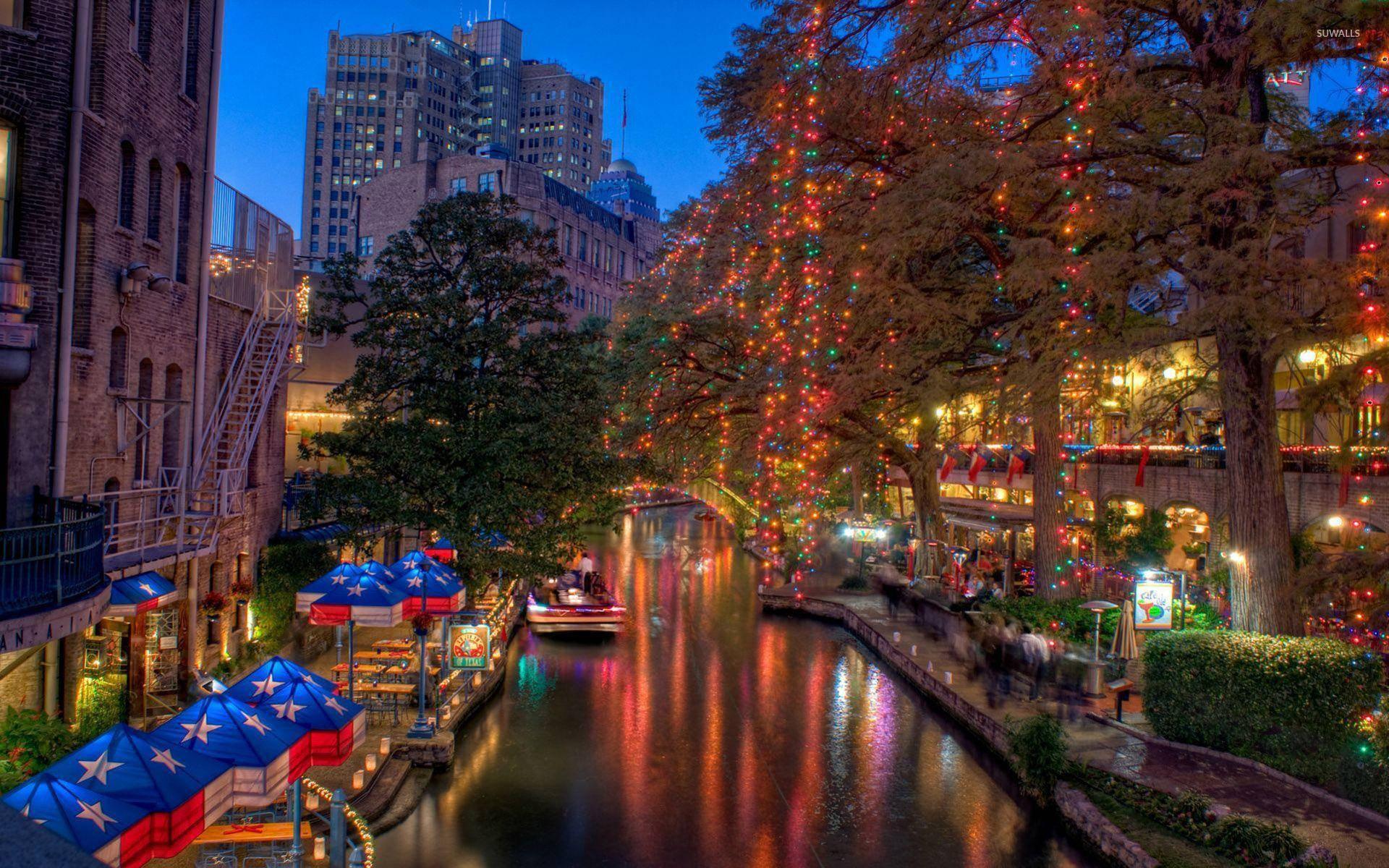 San Antonio River Walk Evening Lights Background