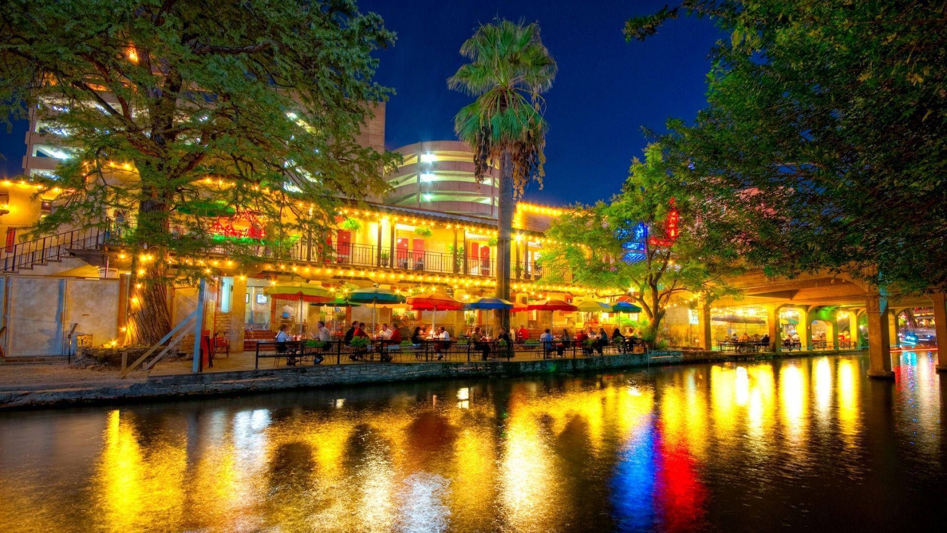 San Antonio River Walk Golden Lights Background