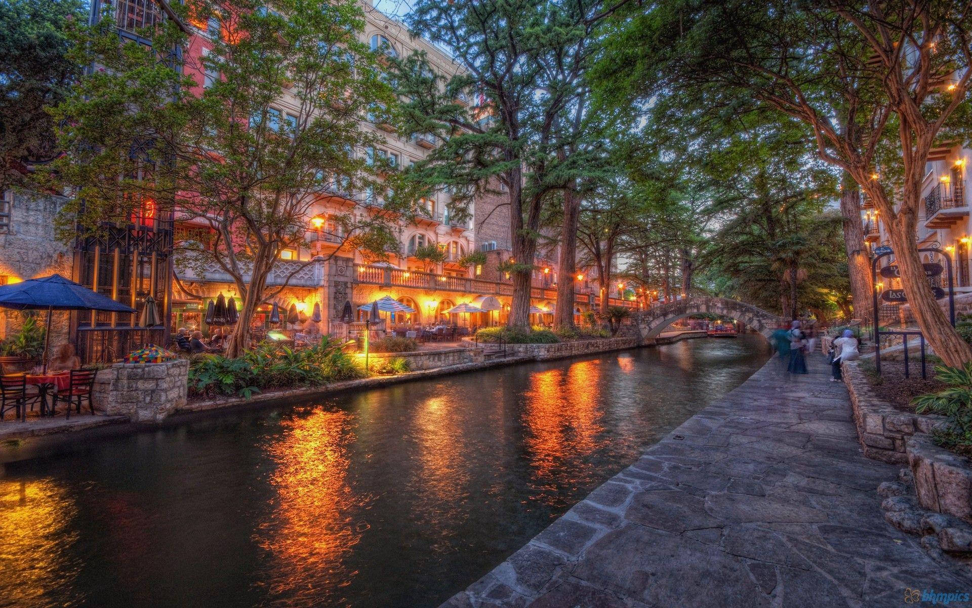 San Antonio River Walk Night Lights Background