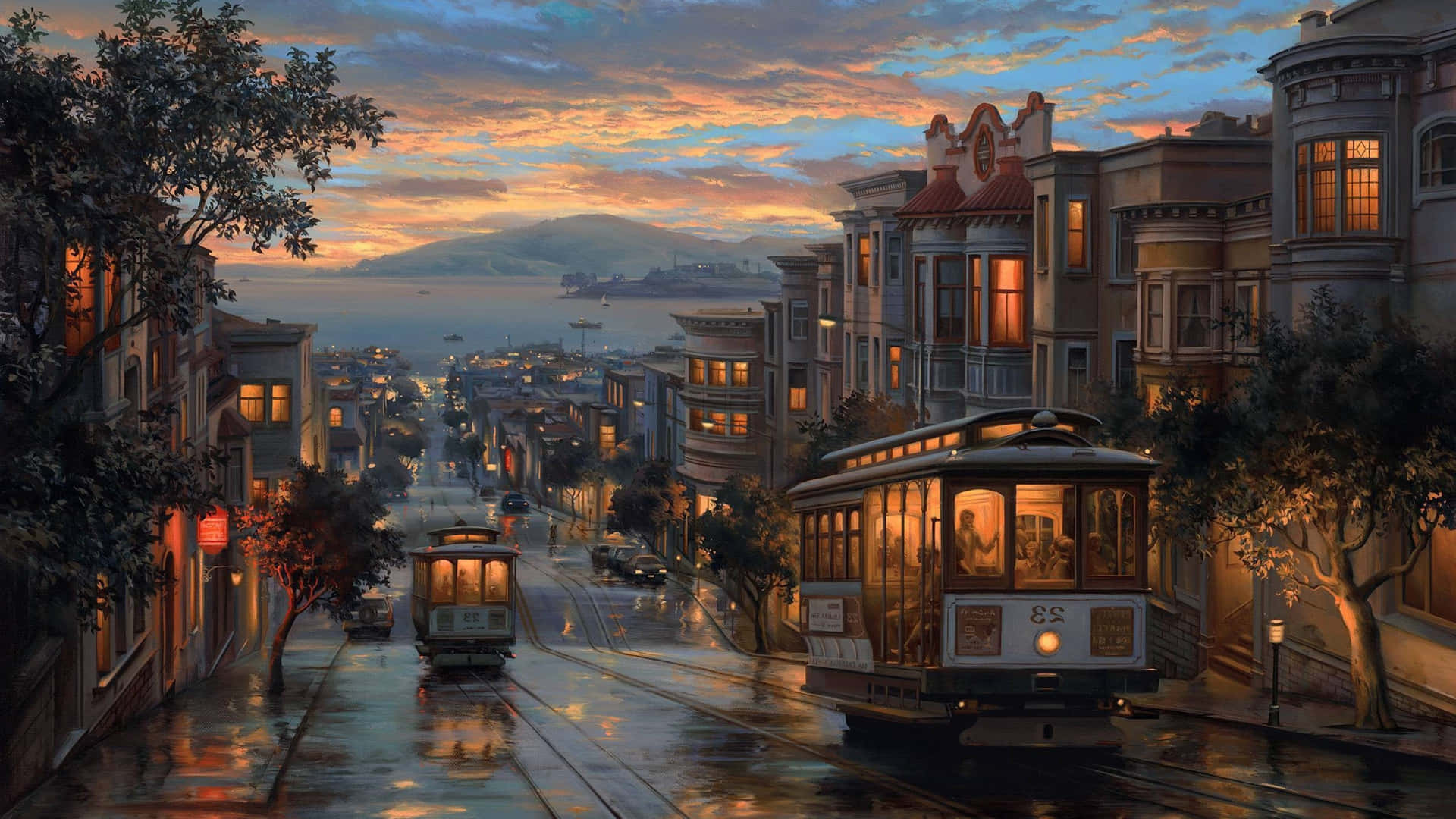San Francisco Cable Cars Sunset Glow Background