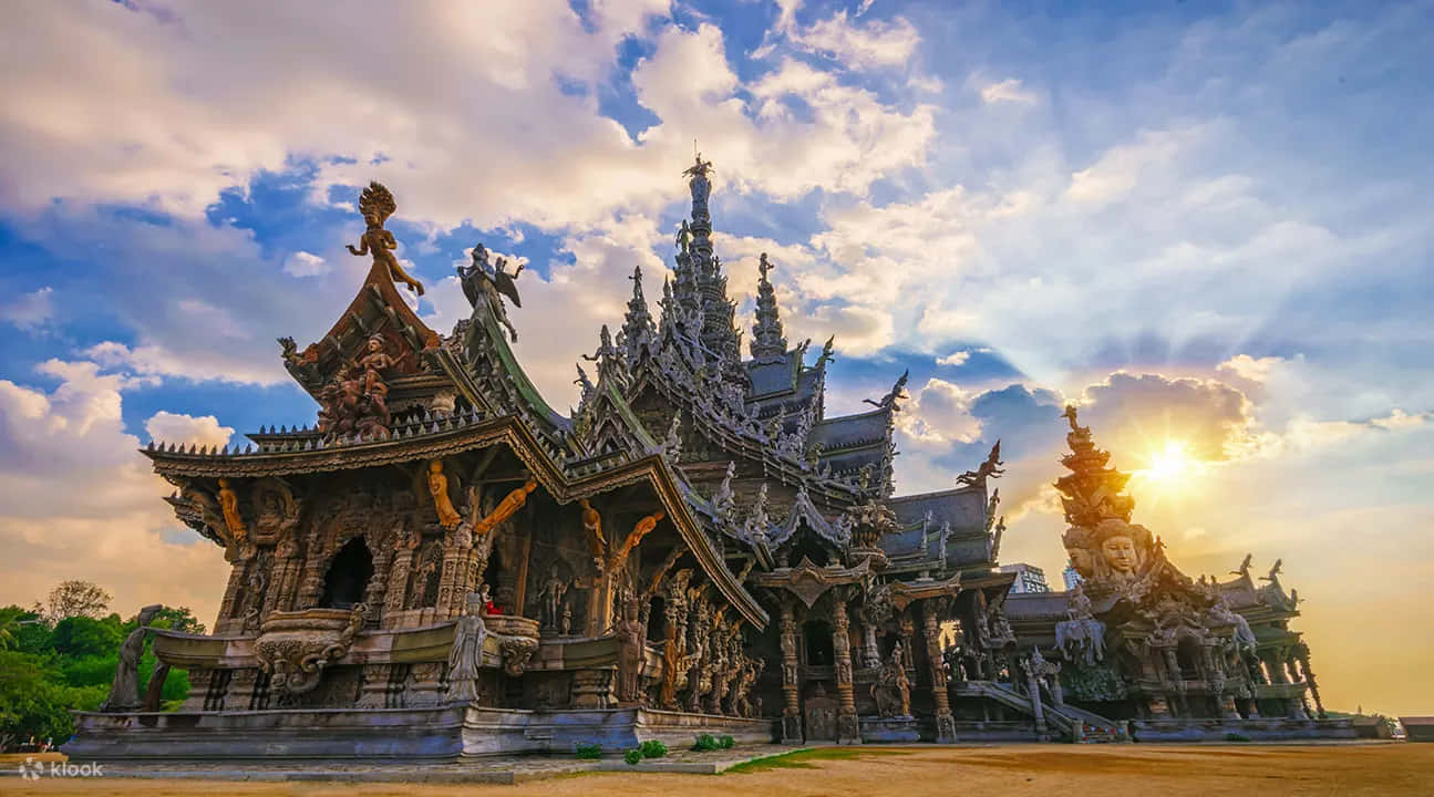 Sanctuary Of Truth In Front Of Setting Sun Background