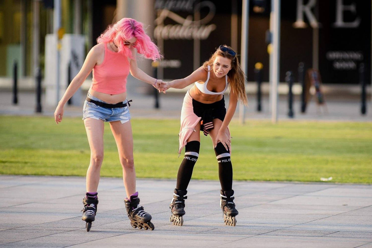 Sandra Kubicka And Friend Rollerblading