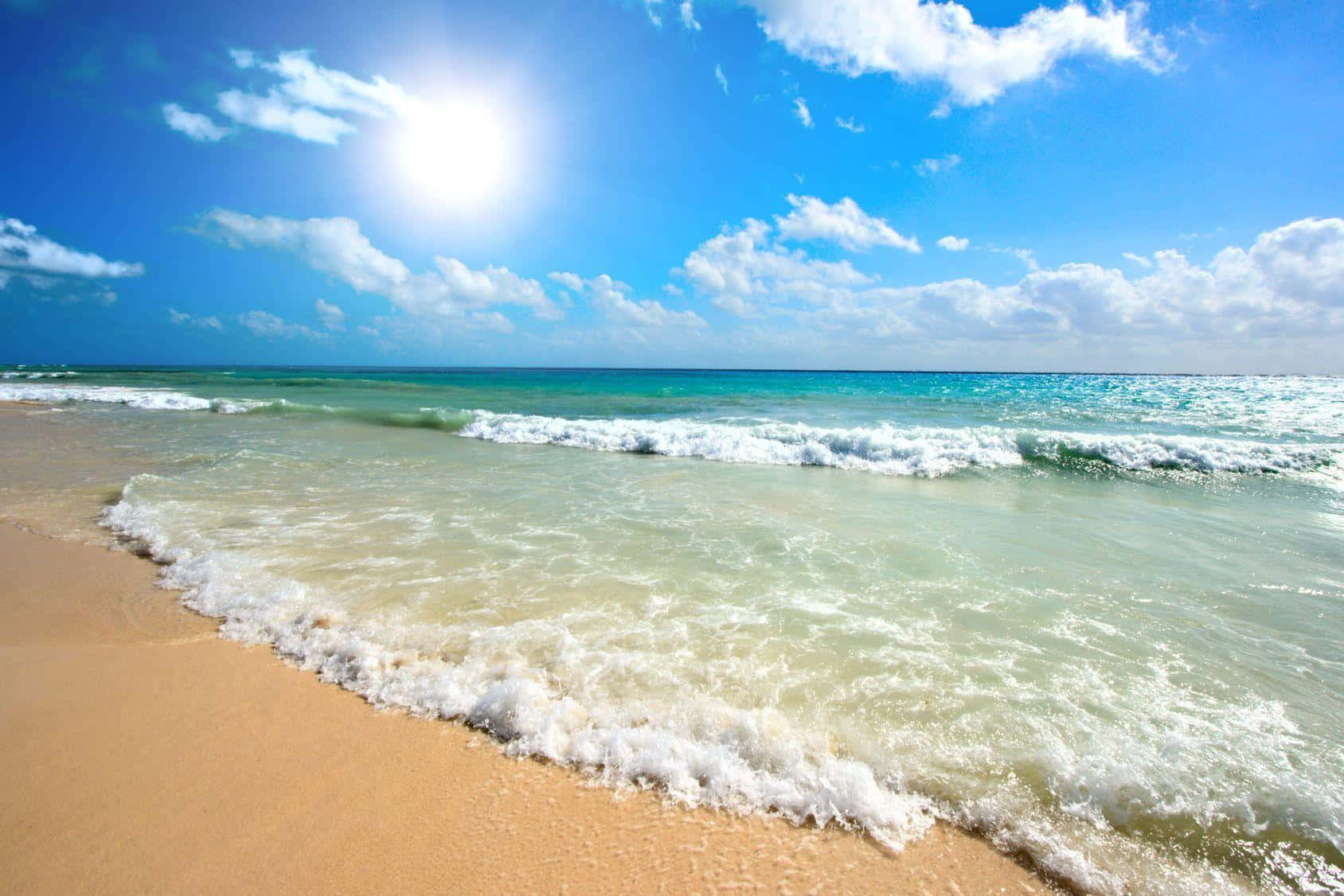 Sandy Beach Scene Waves Sunny Sky Background