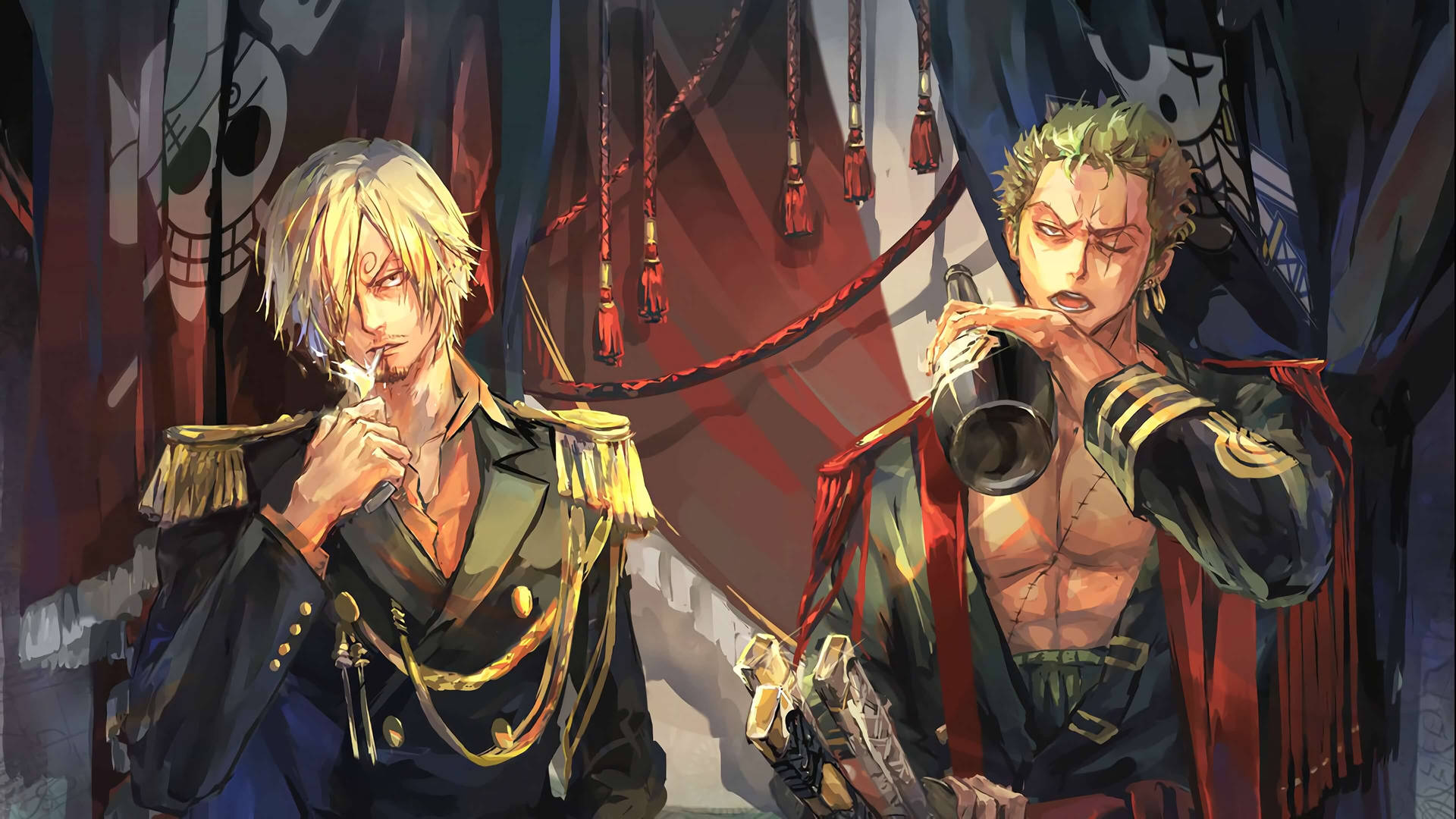 Sanji And Zoro Against Evil Forces In Their Soldier Outfits Background