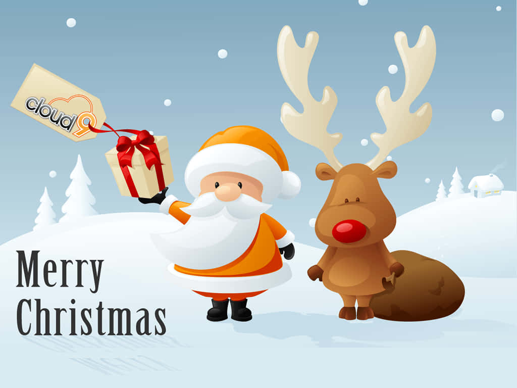 Santa Claus And A Reindeer With A Gift Background
