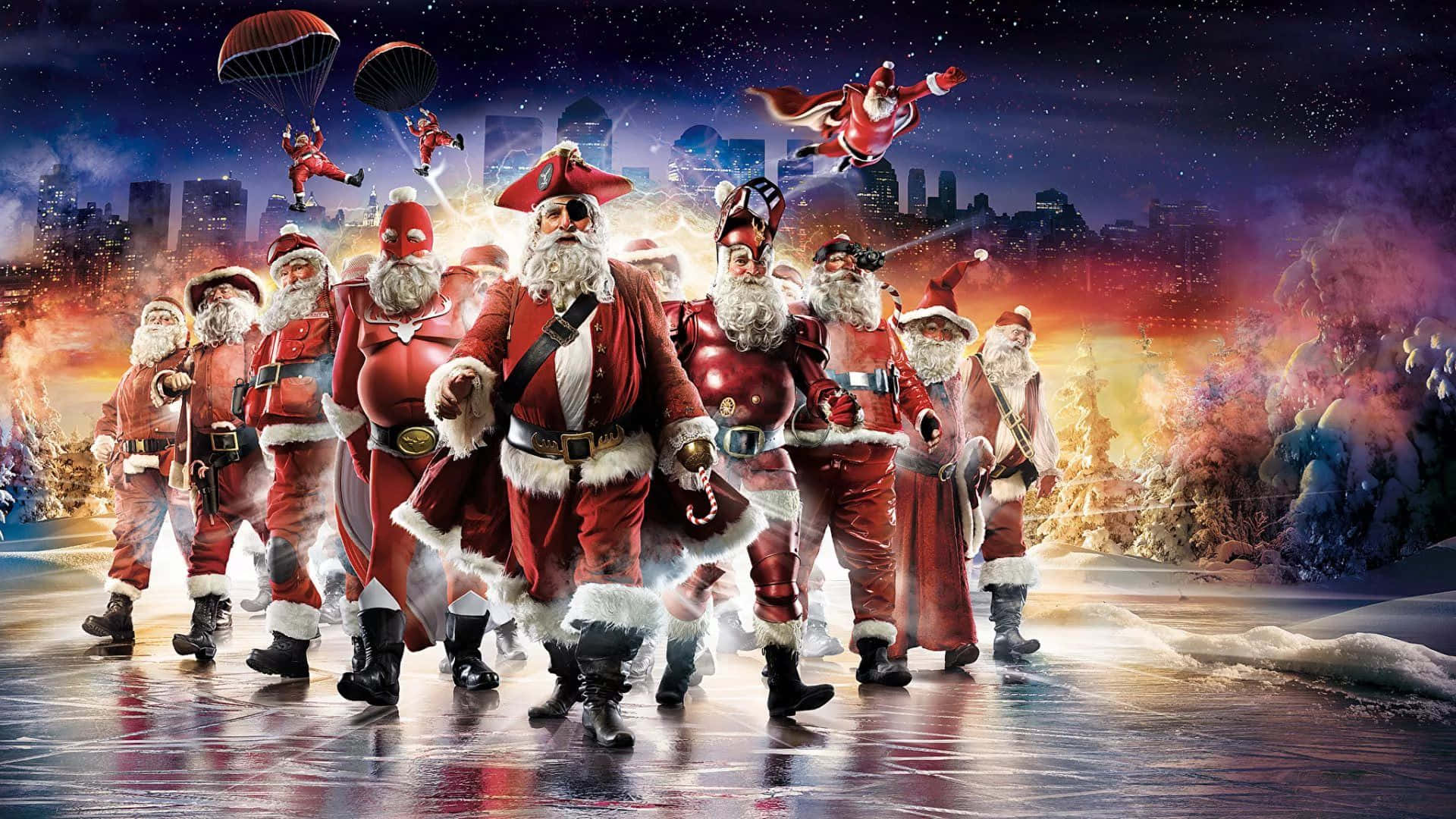 Santa Claus And His Elves On Ice Background