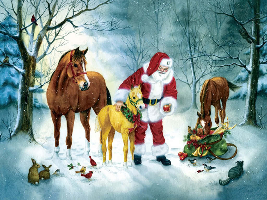 Santa Claus And His Horses In The Snow Background
