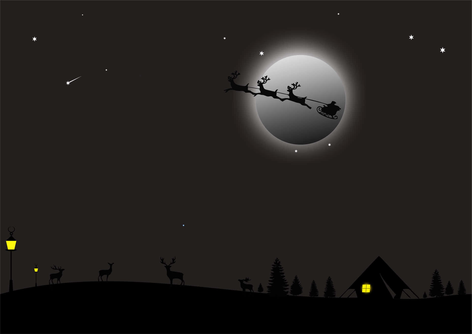 Santa Claus Flying Over A Night Sky With Deer And Sleigh Background