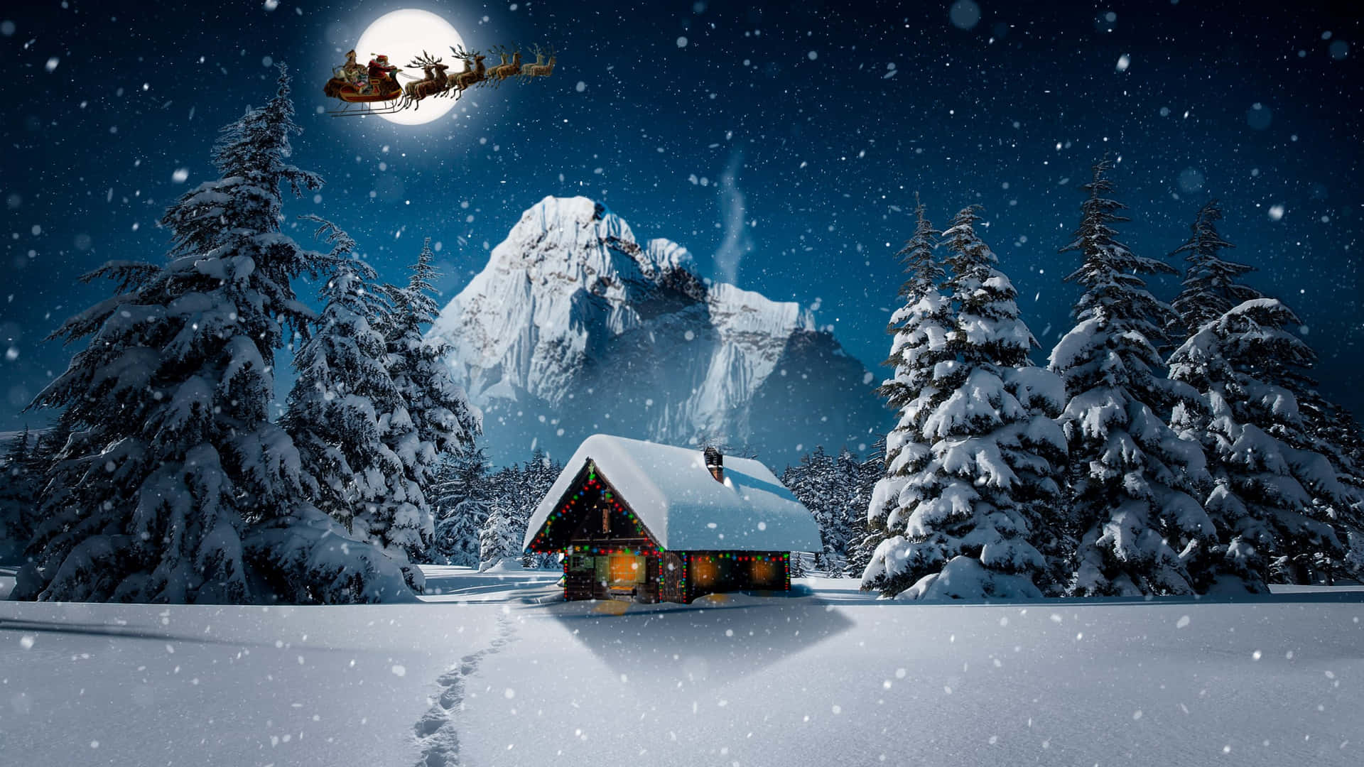 Santa Claus Flying Over A Snowy Cabin Background