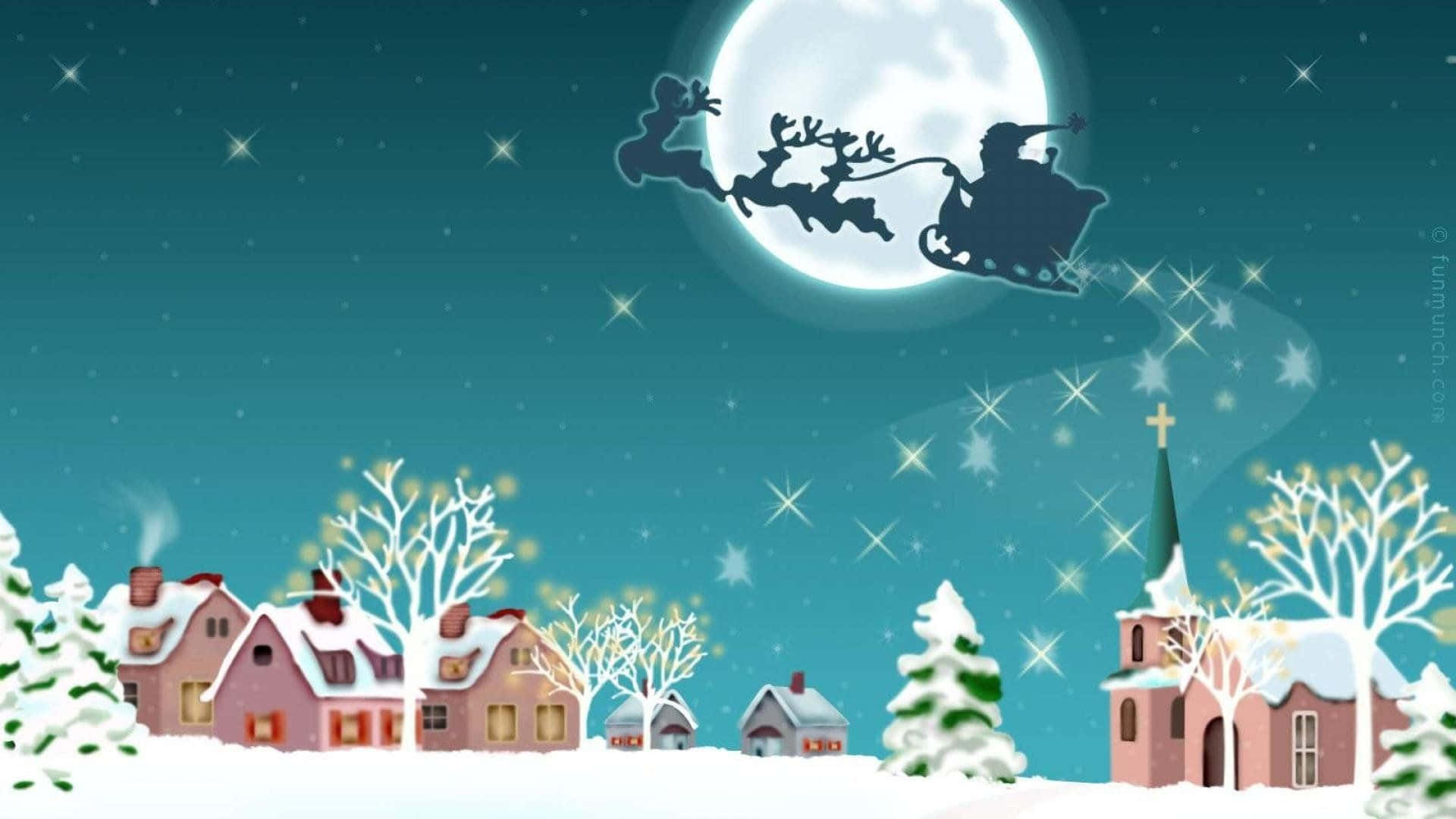 Santa Claus Flying Over A Snowy Village Background