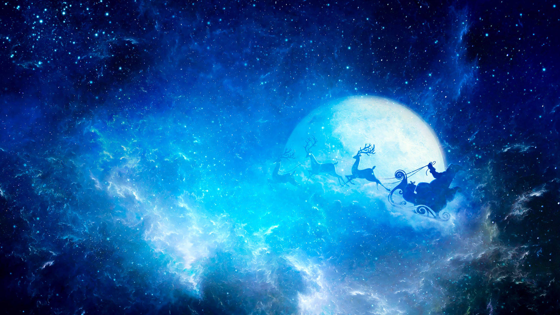 Santa Claus Flying Through The Sky With A Blue Moon Background