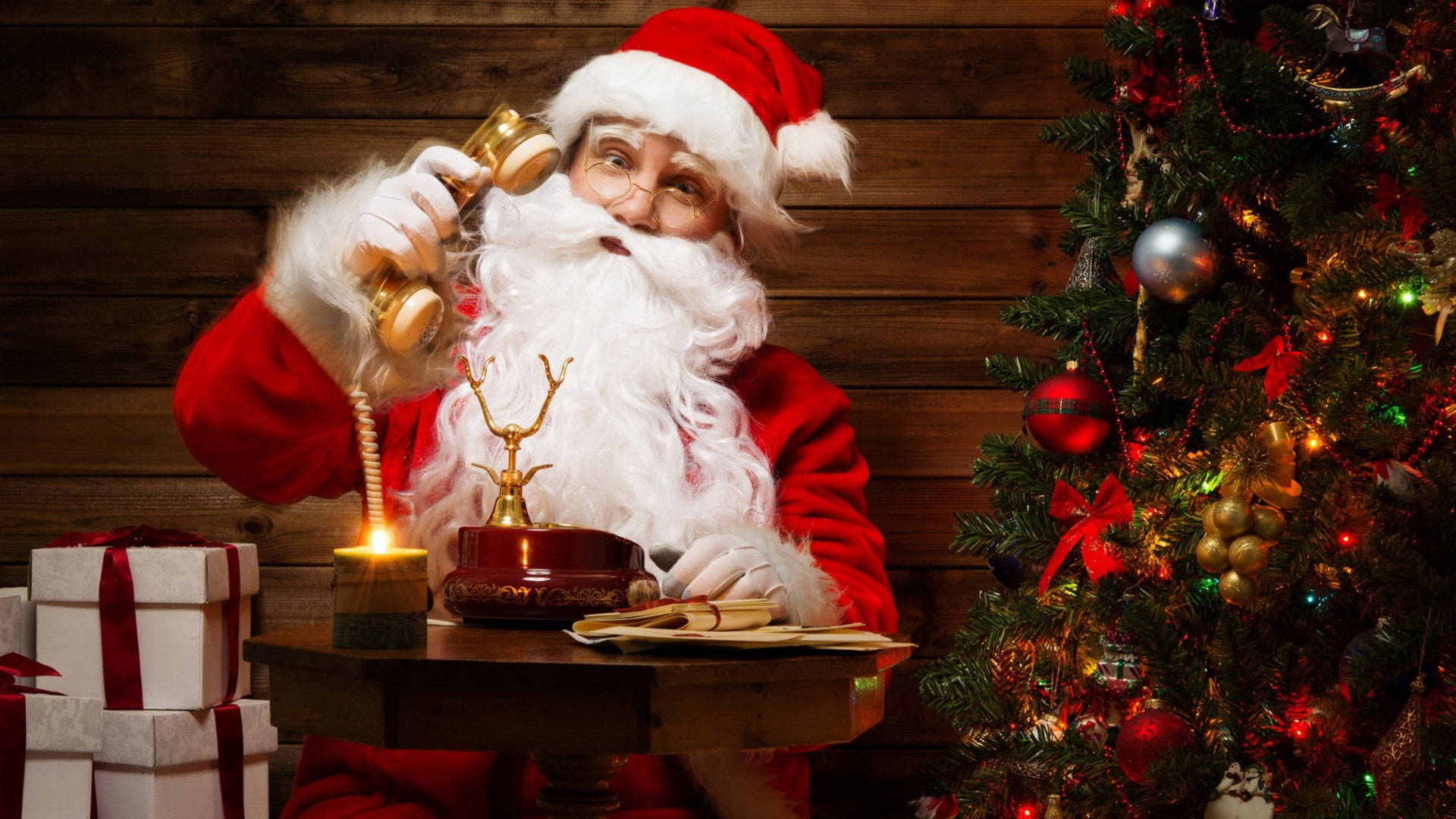 Santa Claus Holding Landline Phone Background