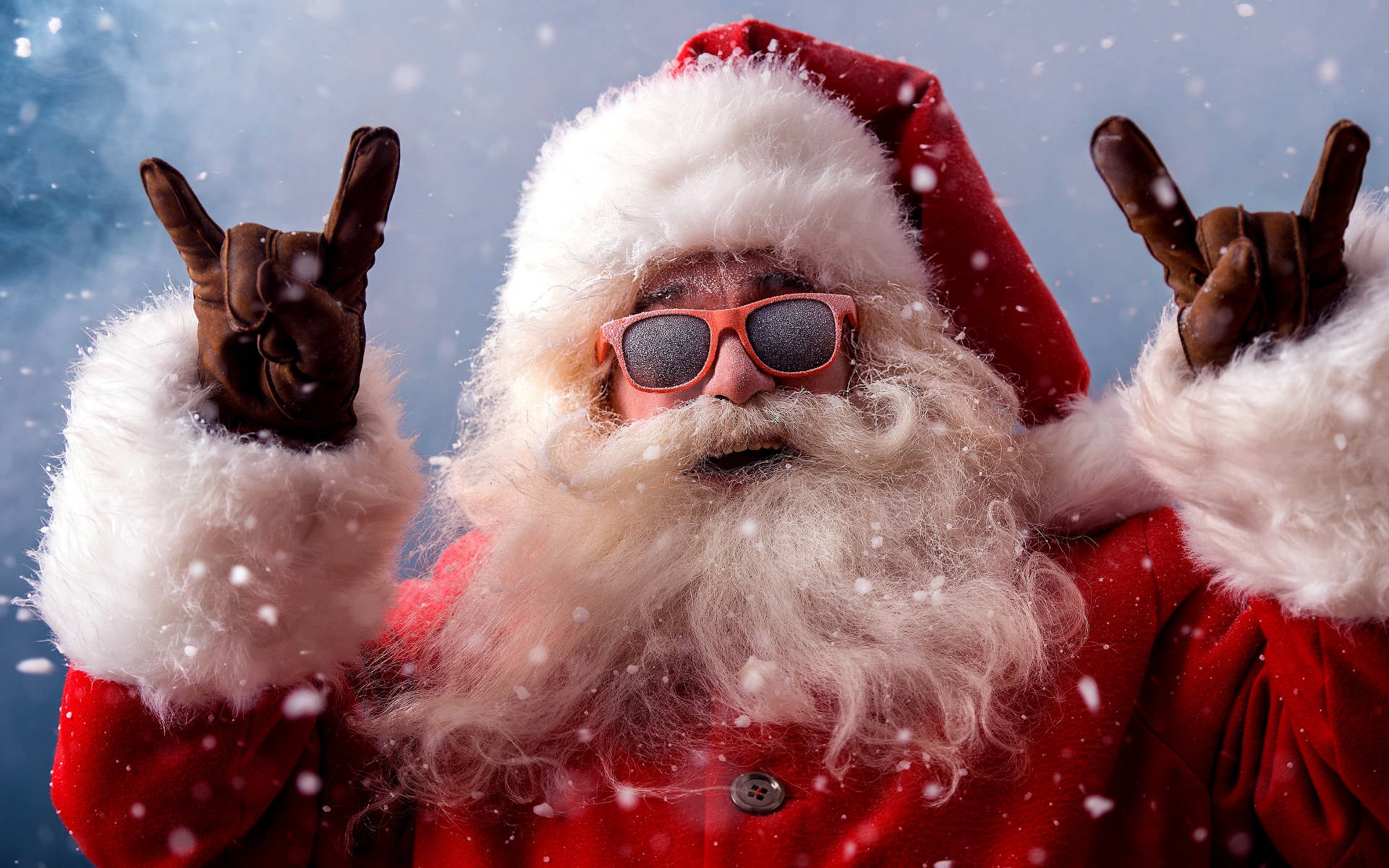 Santa Claus In Rock And Roll Gesture Background