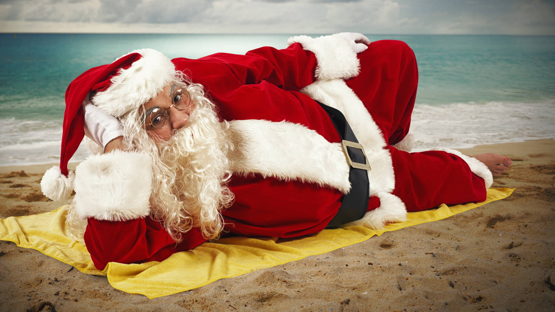 Santa Claus In The Beach Background