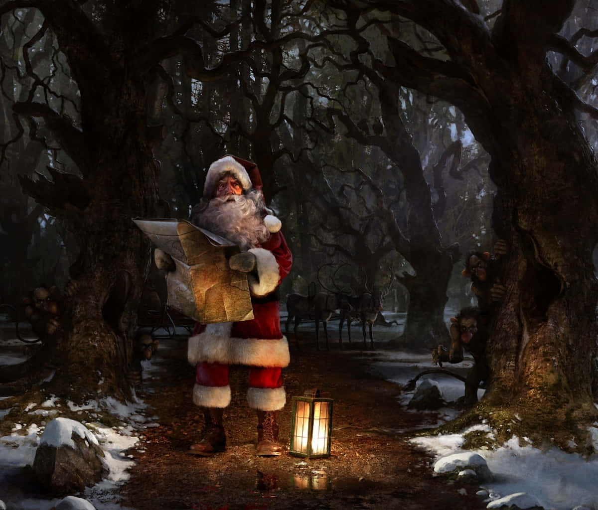 Santa Claus In The Woods With A Lantern Background