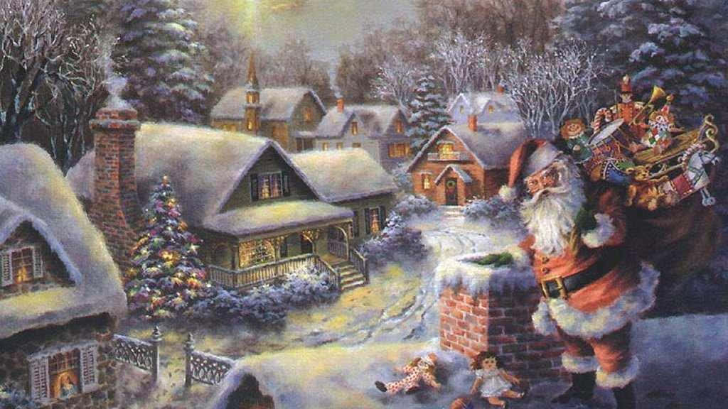 Santa Claus Is Standing On The Roof Of A House Background