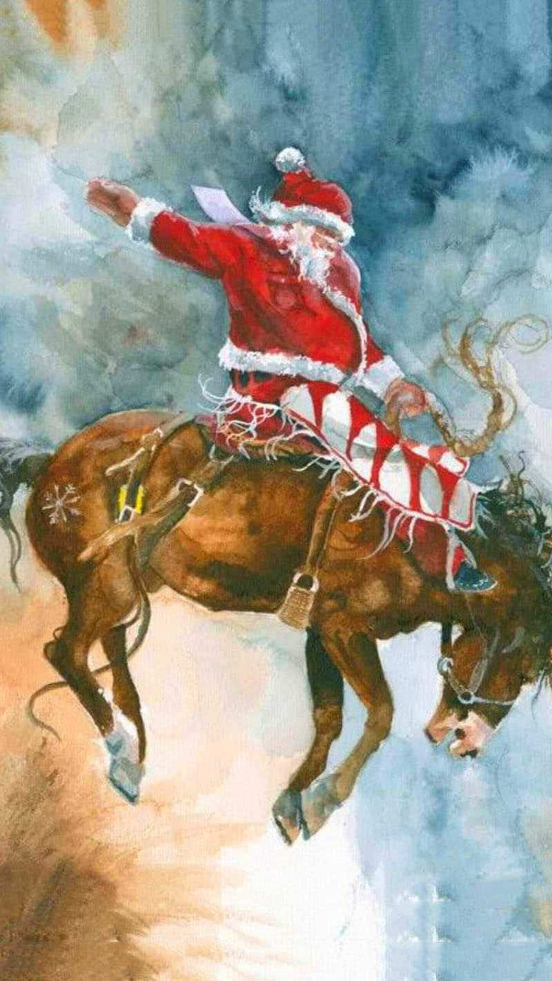 Santa Claus Riding A Horse In The Sky Background