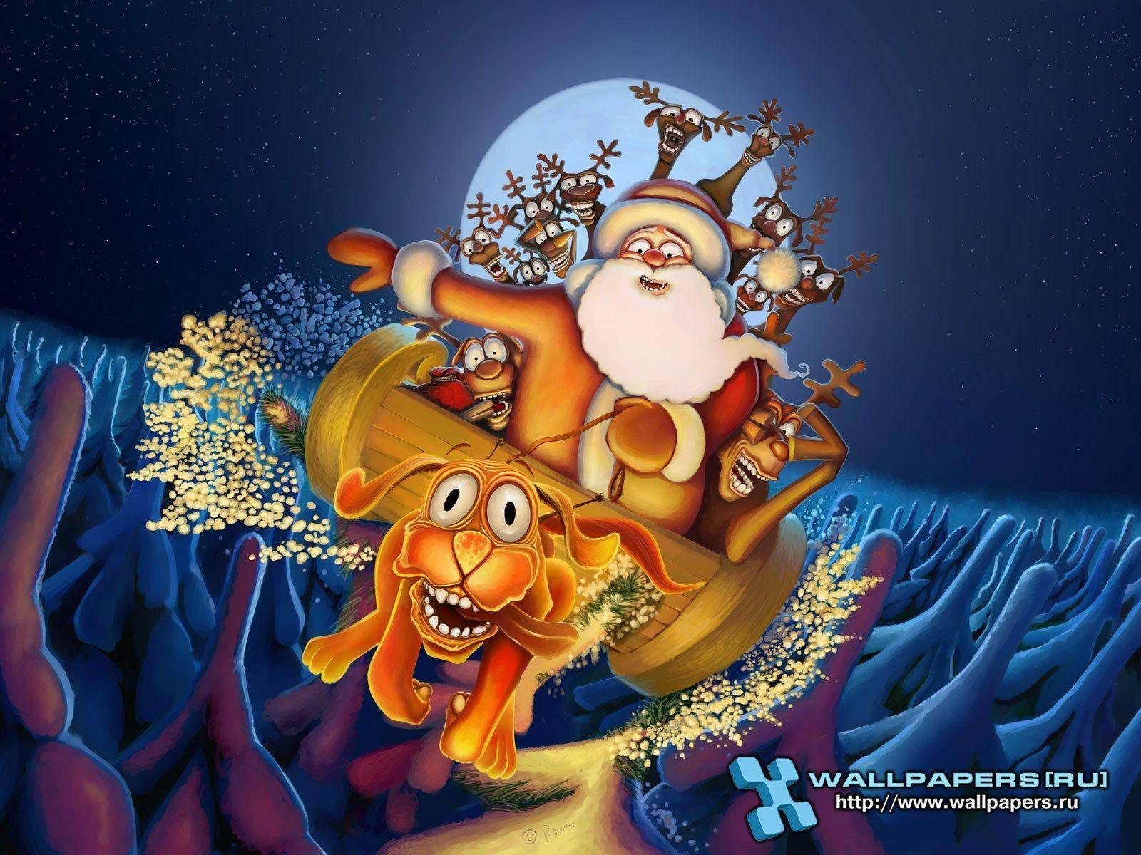 Santa Claus Riding Sleigh Funny Christmas Background
