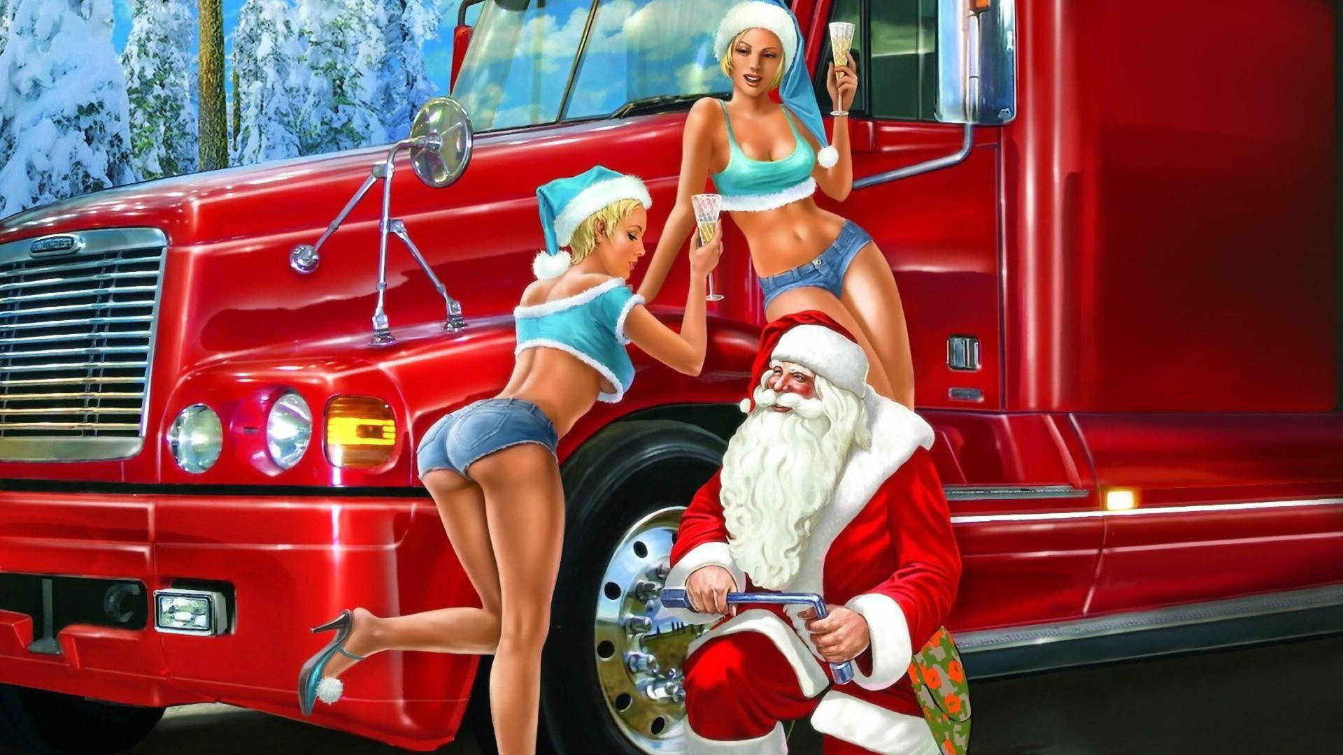 Santa Claus With Girls Background