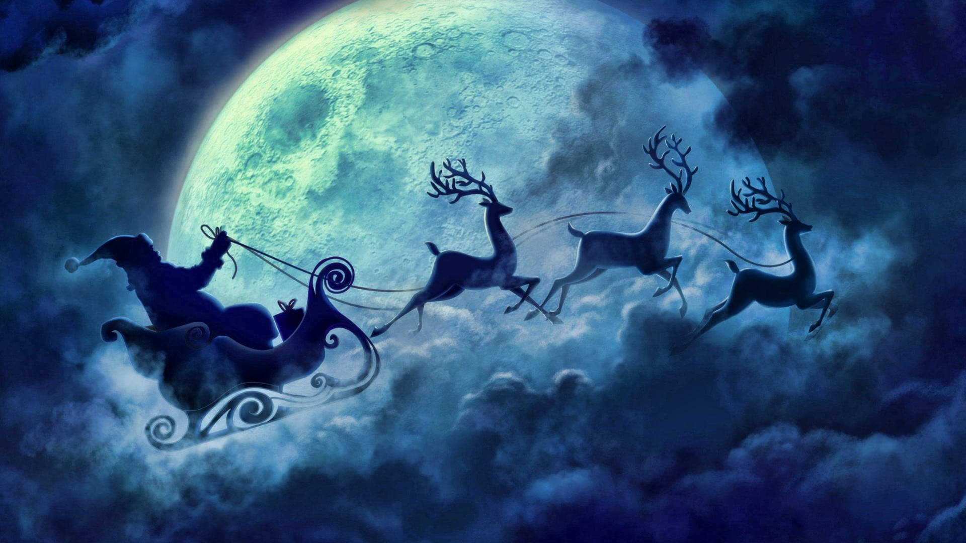 Santa Claus With Reindeers Under Full Moon Background