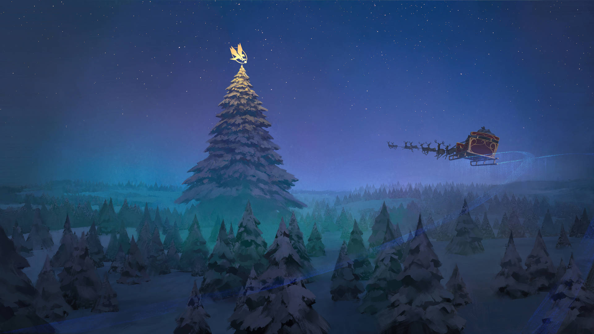 Santa Flying Above A Christmas Forest Background