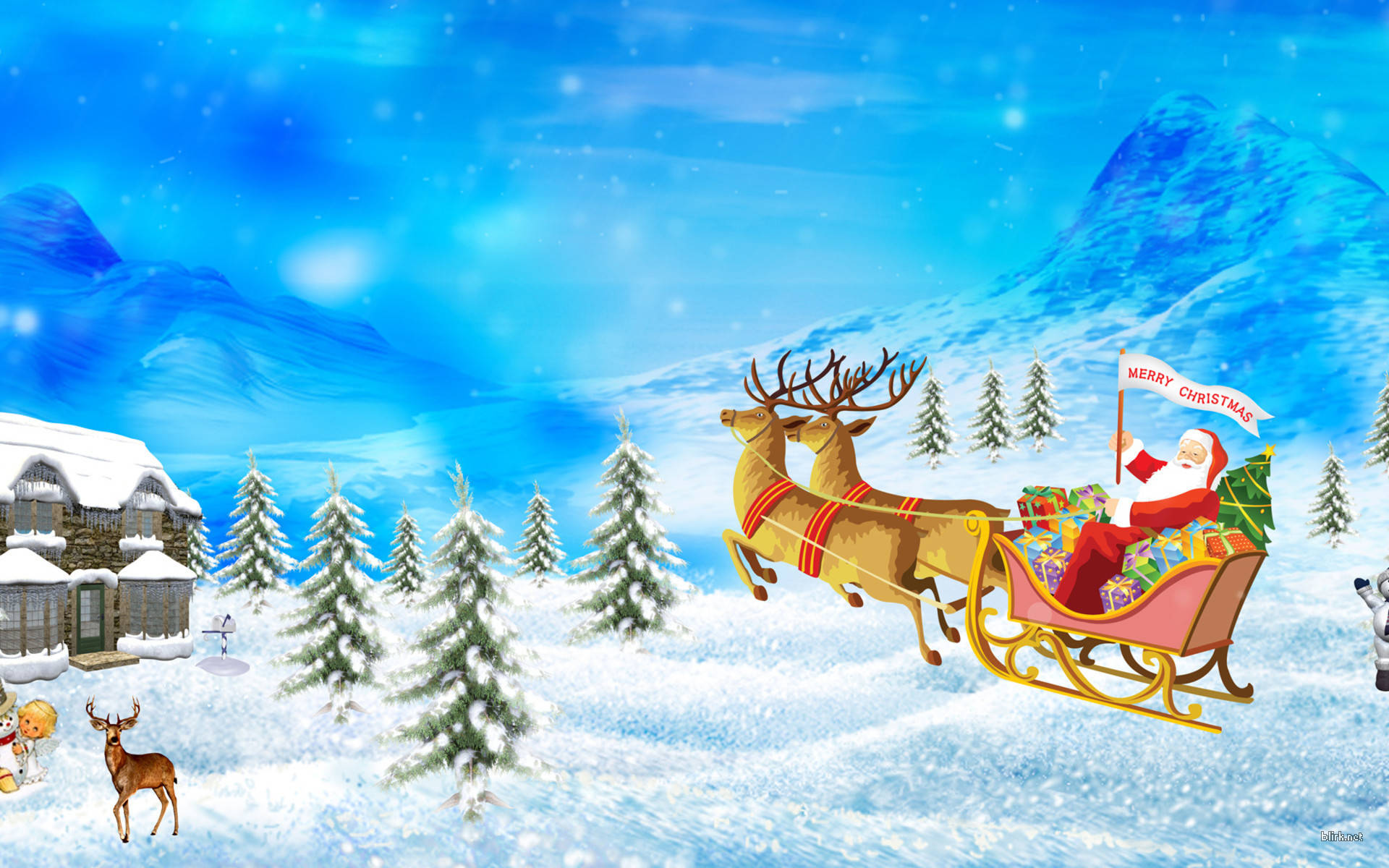 Santa On Sleigh With Reindeer Background