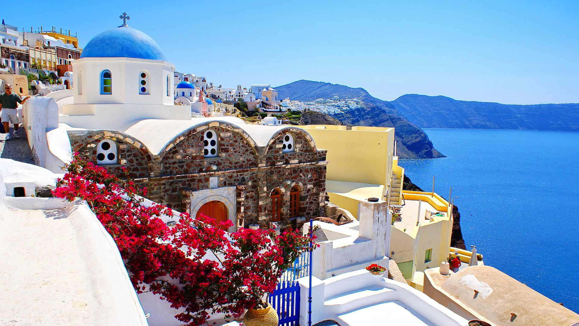 Santorini Blue Dome Church View Background