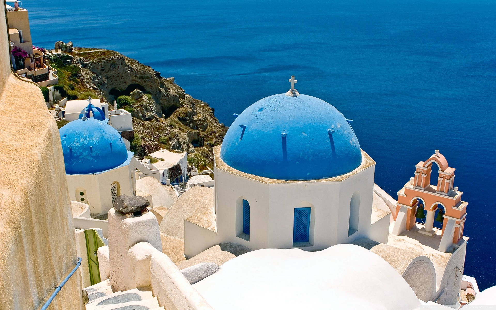 Santorini's Blue Church In Europe Background