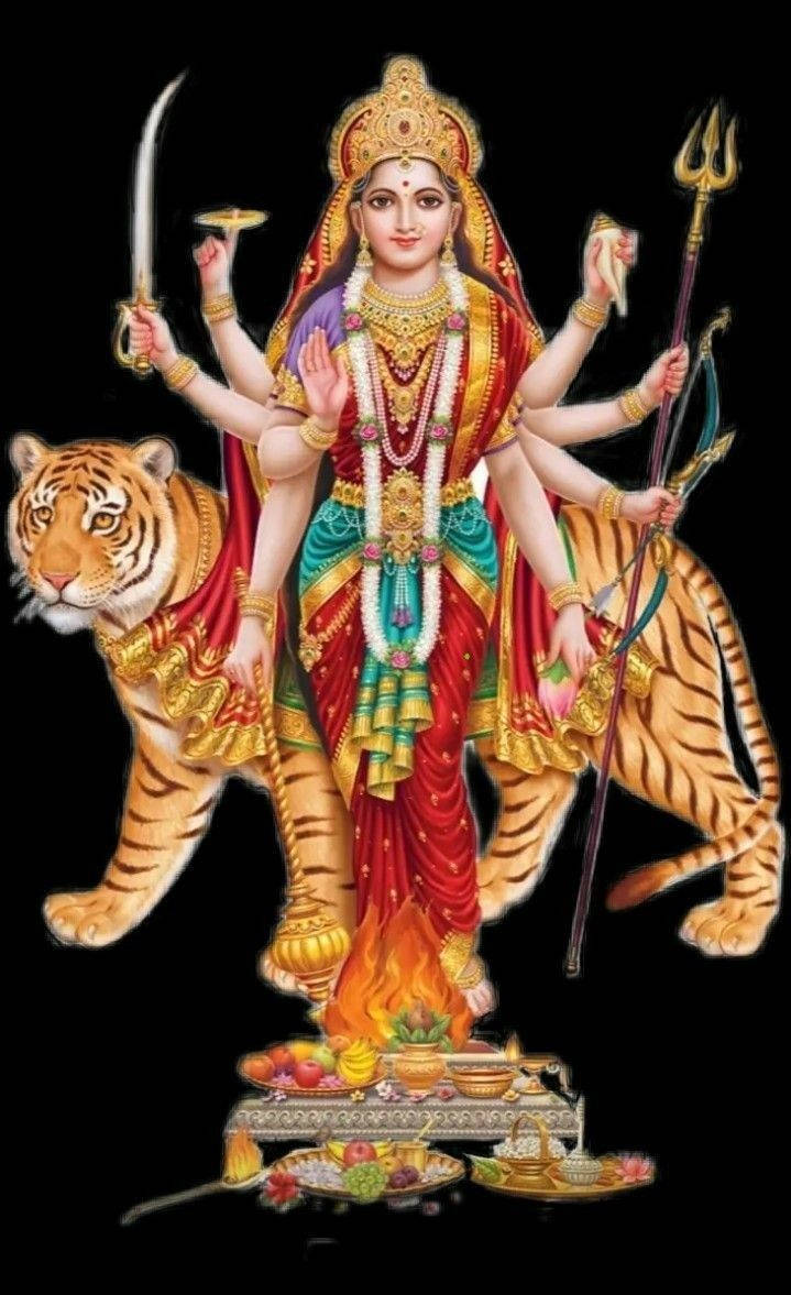 Santoshi Maa Goddess And Tiger Background