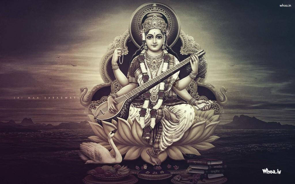 Saraswati Mata Hindu Goddess With Goose Background