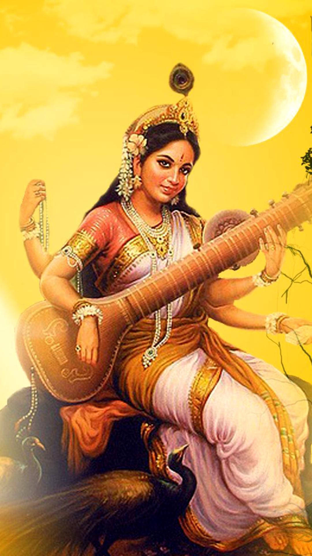Saraswati Mata With Peacock Background